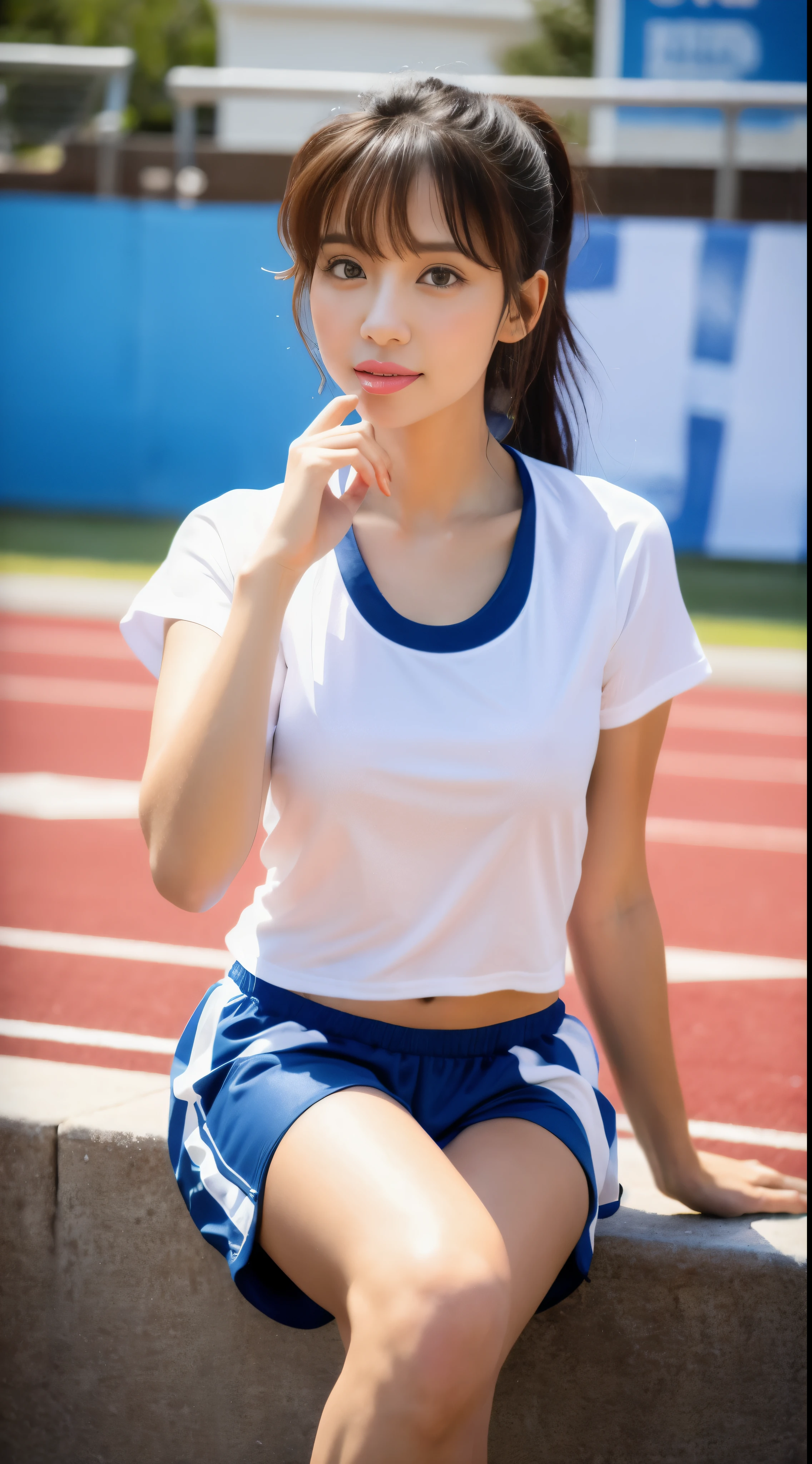 (8k RAW Photo, Best Quality:1.3, Masterpiece:1.3) of a single girl,(Real Photo:1.37), boasting a(Very Beautiful Face:1.5),(Cute:1.1), seated in a casual(Pose:1.2). She sports a(Small:0.8),(Poggy Hairstyle:1.0), with a(Random Expression:1.1) that adds to her unique charm. The girl wears a(White T-shirt:1.0),(JK_style:1.2), and a pair of(Track Shorts:1.1). She is(Age
