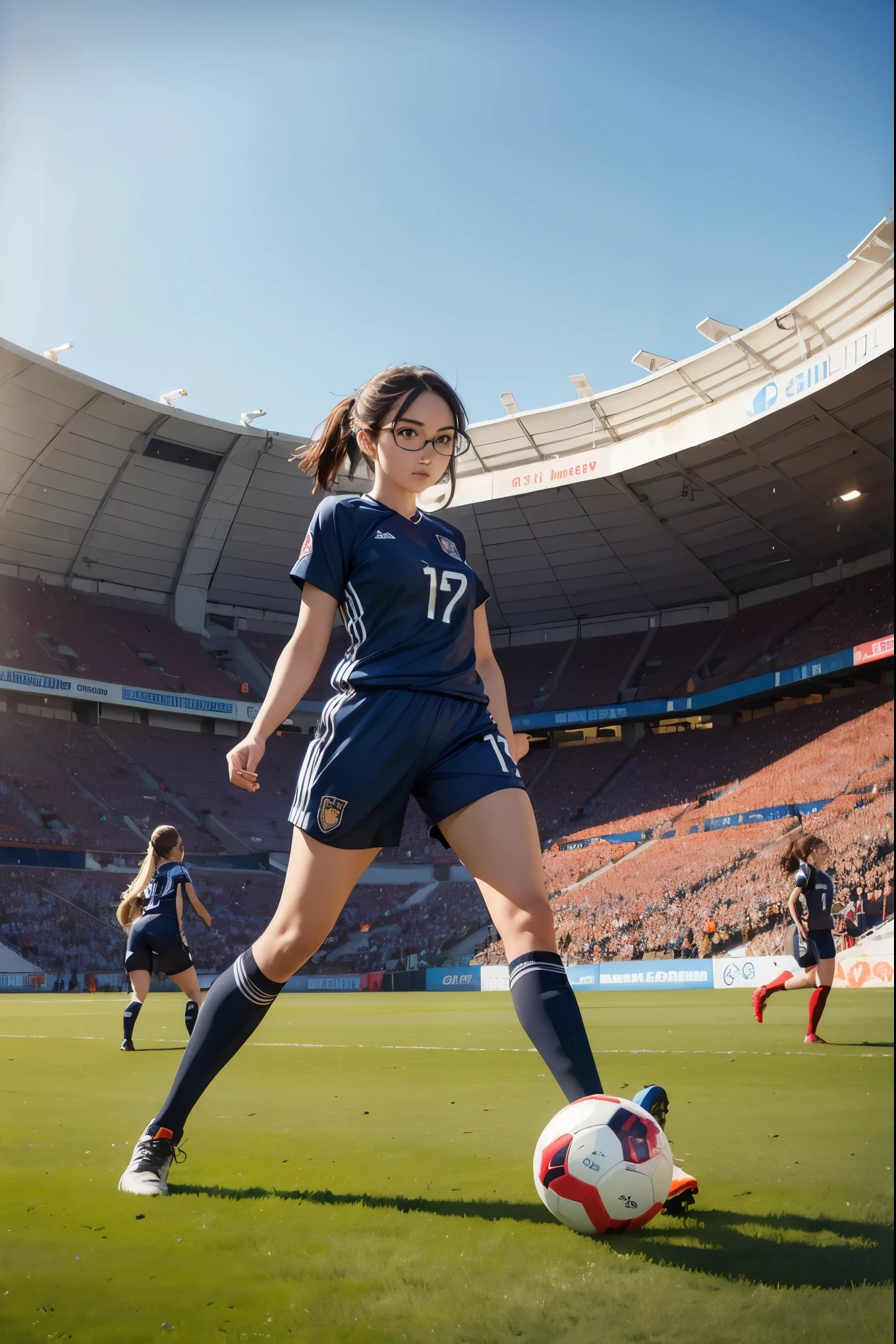 ((wide angle image)), women's football match, (((wears large glasses)))