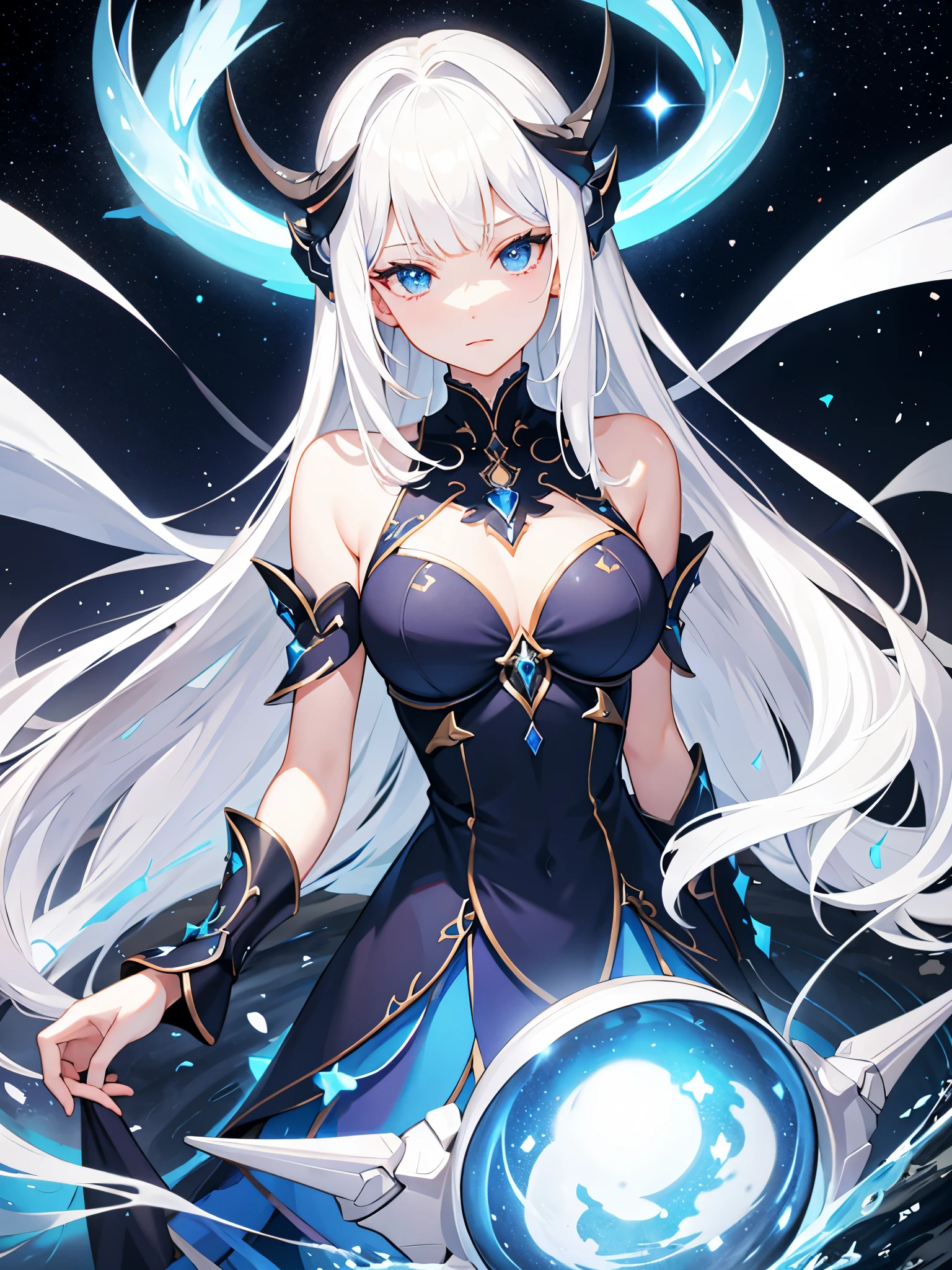 Female, beautiful, white hair with bangs, dark blue eyes, dark blue dress, fantasy, big crab, zodiac cancer, sky, galaxy, dark blue tone, water.