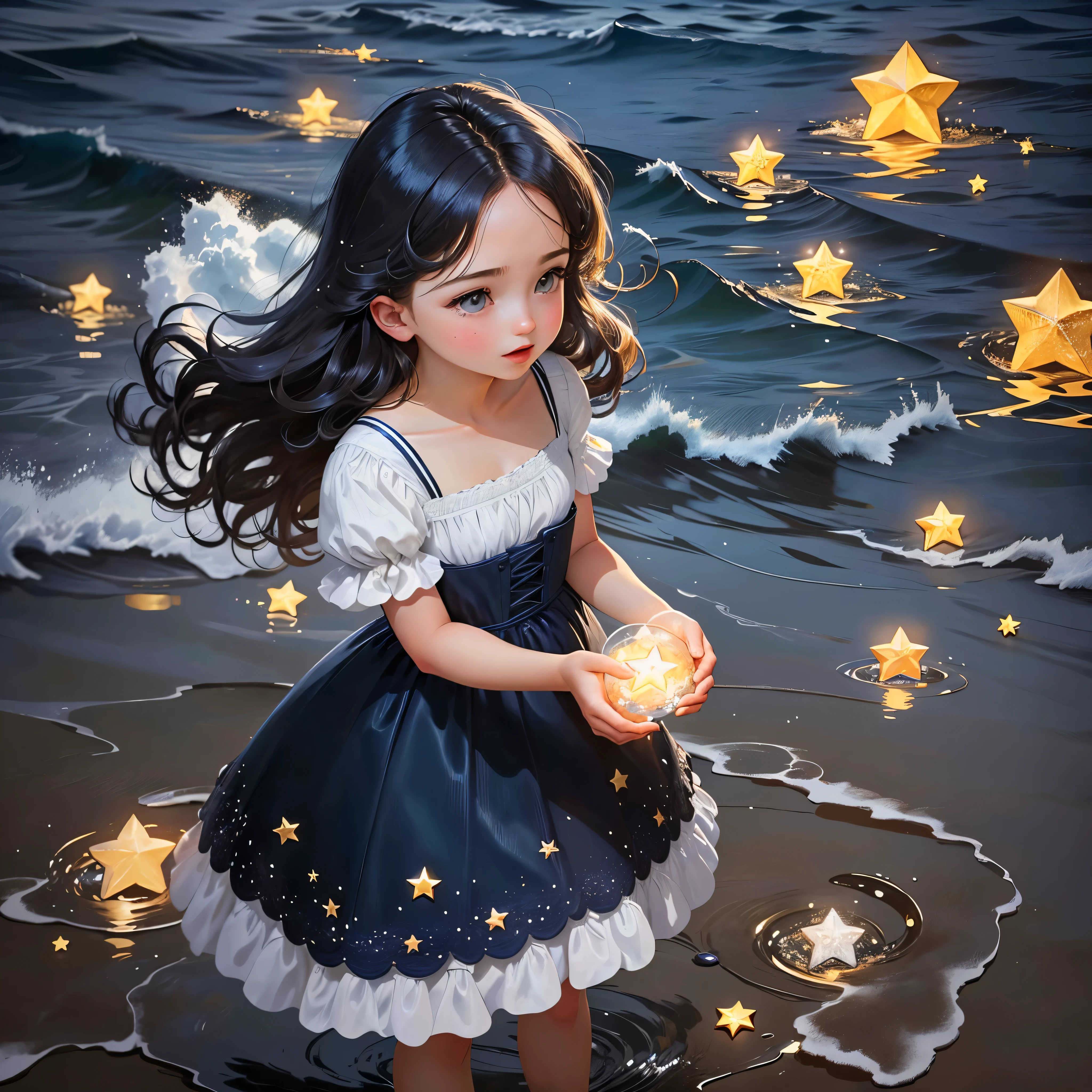 (((Meisterwerk: 1.2, Realistisch: 1.37, ultra high resolution))), weibliches Modell, helle Haut, Langes, lockiges Haar, blaues Kleid, am Meer, Rose petals everywhere, Hoher Kontrast, Dynamisch, Weicher Fokus, Nacht, Sterne, Sternenklarer Himmel, Meer,good quality,highest quality,((There are no three feet)),((Es gibt keine sechs Finger)) She catches a star in her hand, Sterne in der Ferne