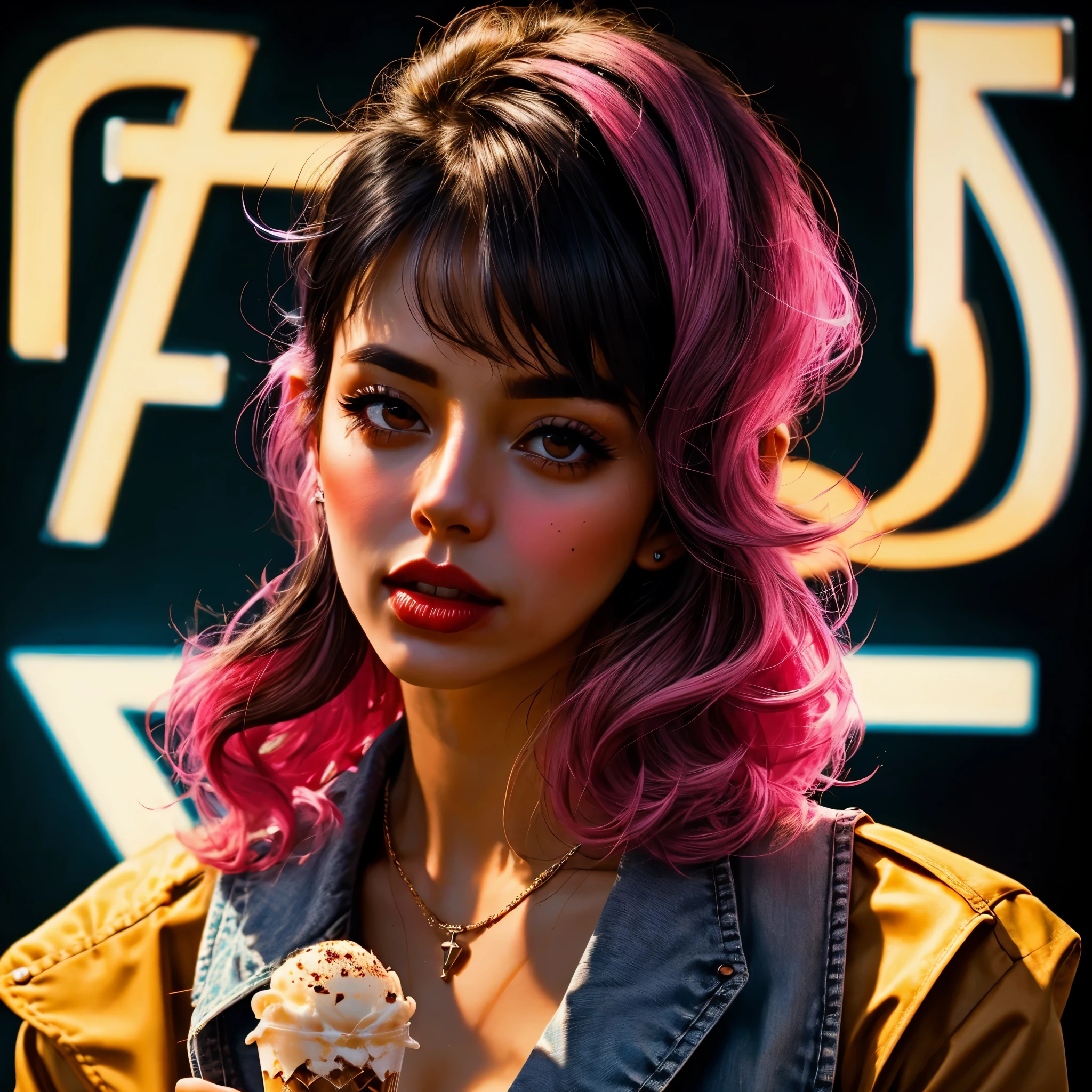 closeup beautiful young very detailed and sharp punk rock woman, passing her tongue in a tasty ice cream of various colors, in color, retro neon synth wave with letters, illuminating the face and body with magenta neon lights subtly, black background, very detailed, 32k, sharp focus, masterpiece