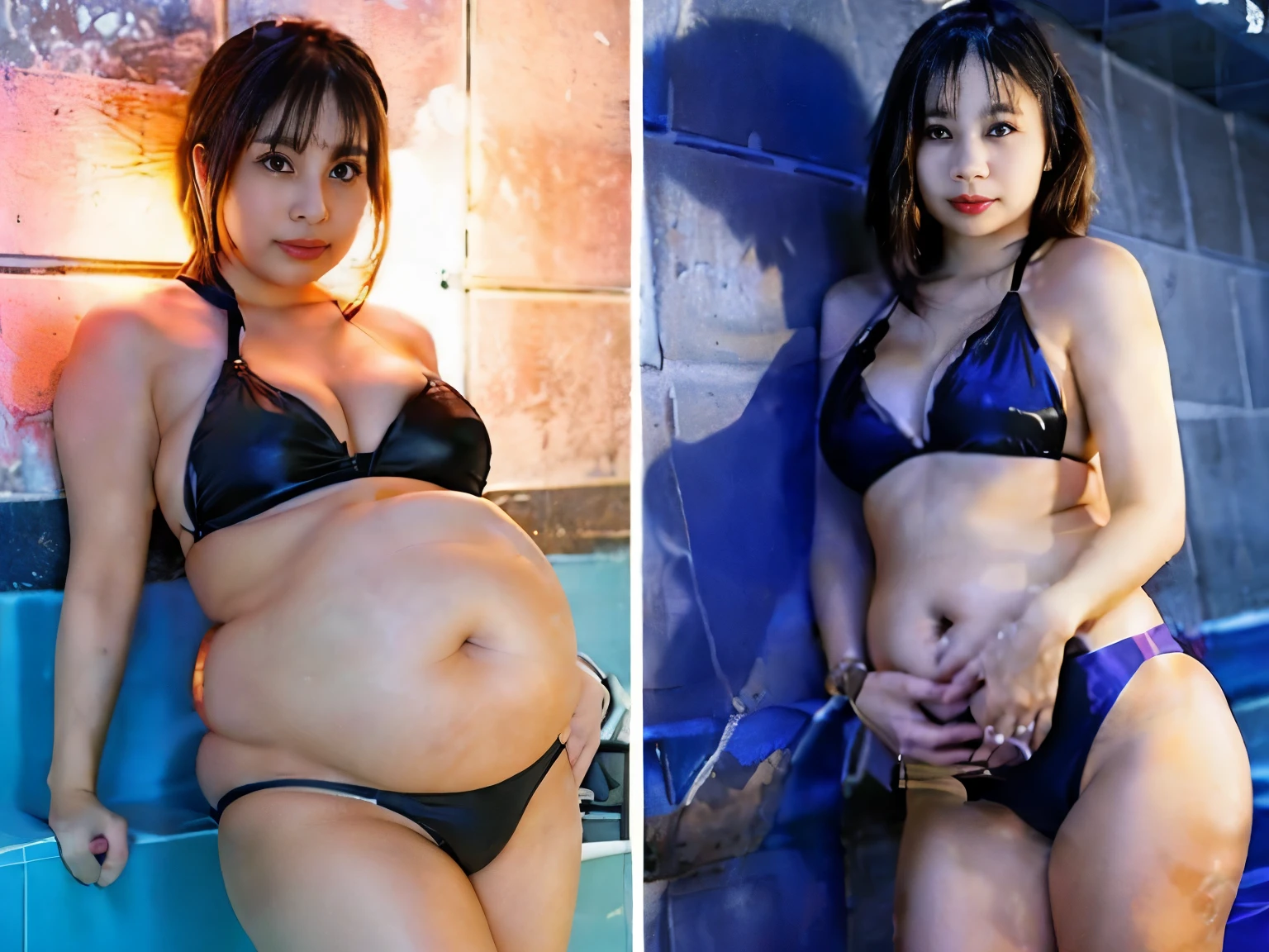 fat girl、big belly、25 years old、short hair、swimsuit