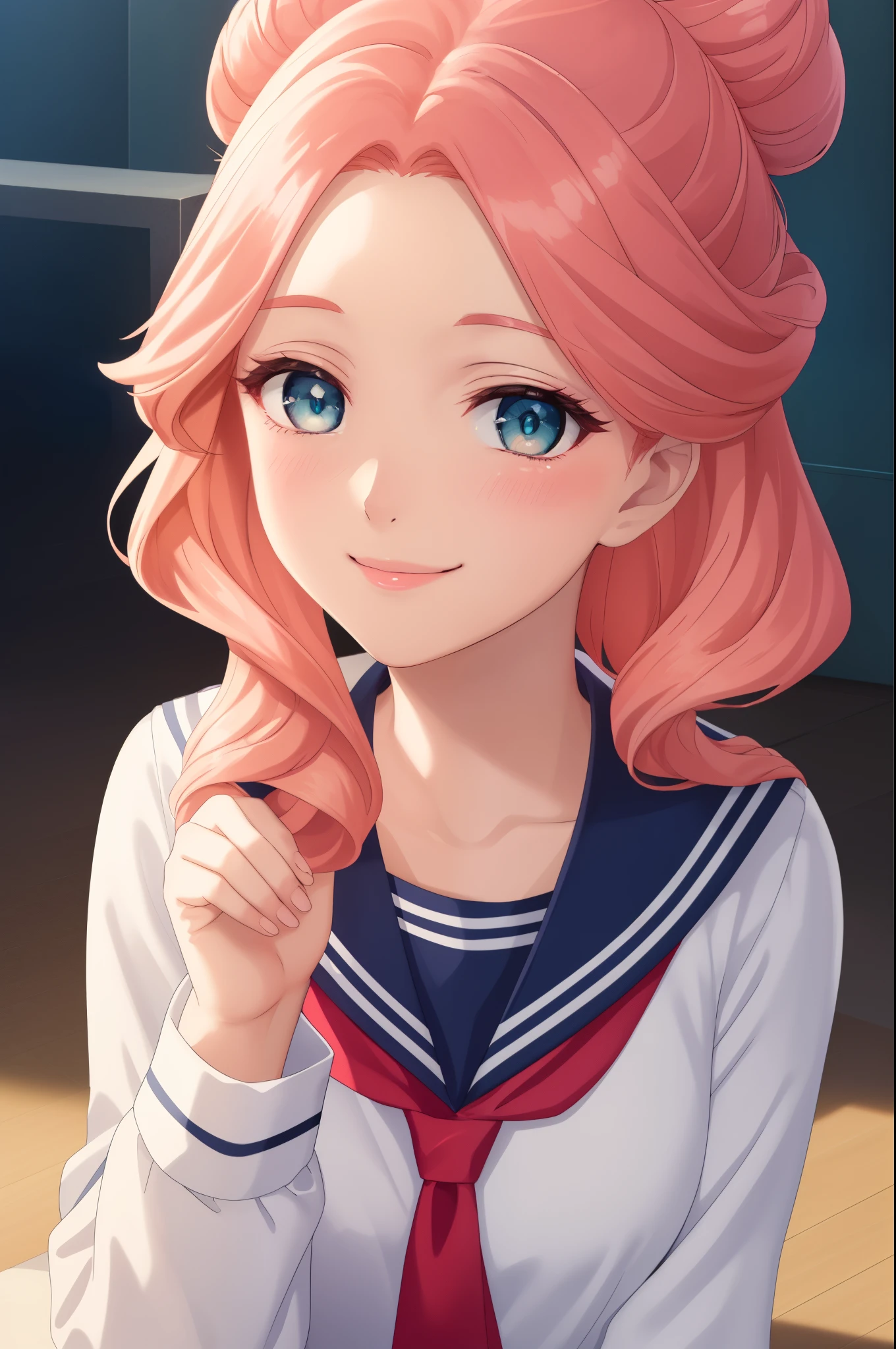 Gyokuha, Gyokuha妃, (1 girl:1.), (solo:1.3), long hair, pink hair, bun hair, single hair, white sailor suit, school uniform, red tie, navy pleated skirt, (masterpiece:1.2), highest quality, High resolution, unity 8k wallpaper, (An illustration: 0.8), (detailed and beautiful eyes:1.6), highly detailed face, perfect lighting, Detailed CG, (perfect hands, perfect anatomy), (smile:1.3), gentle smile, blush, Upper body, free pose