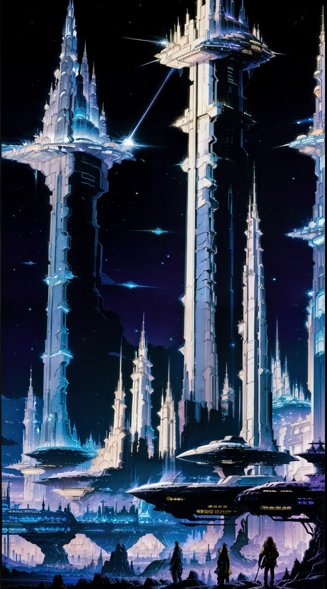 A breathtaking, futuristic cityscape of England in the 23rd century, where towering glass structures meet the horizon. The city is bathed in a neon glow, a testament to technological advancement. In the distance, majestic mountains rise, their peaks adorned with crystalline formations, standing in stark contrast to the urban landscape. The fantasy setting is brought to life through intricate, hyper-detailed drawings, evoking a sense of awe and wonder. With rich vibrant colors, high contrast, and seamless textures, every element is rendered in striking detail. Artists such as Moebius, Yoshitaka Amano, and Syd Mead have master