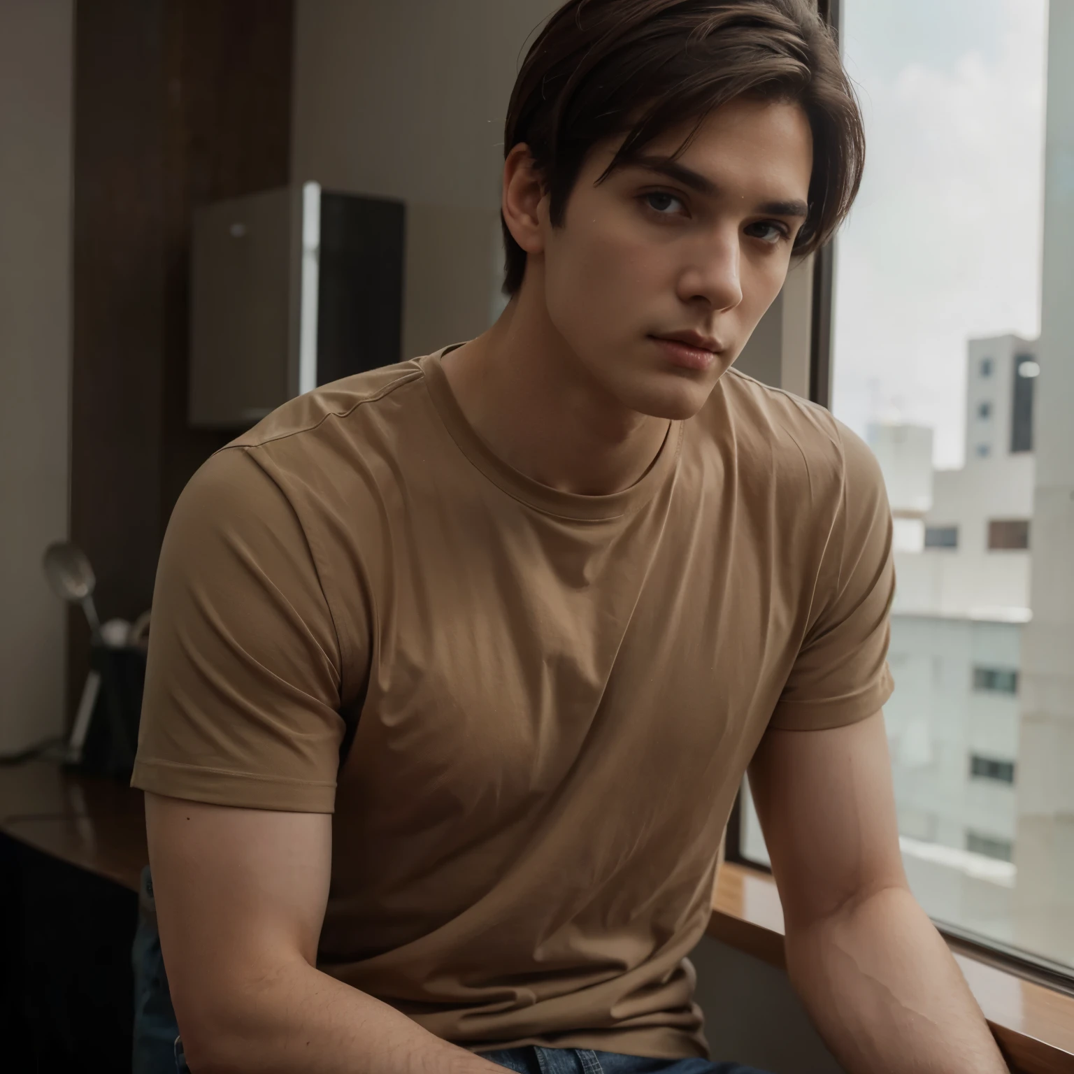 A tall bad guy with dark brown eyes, straight short hair, rather pale face, wearing t-shirt and pants