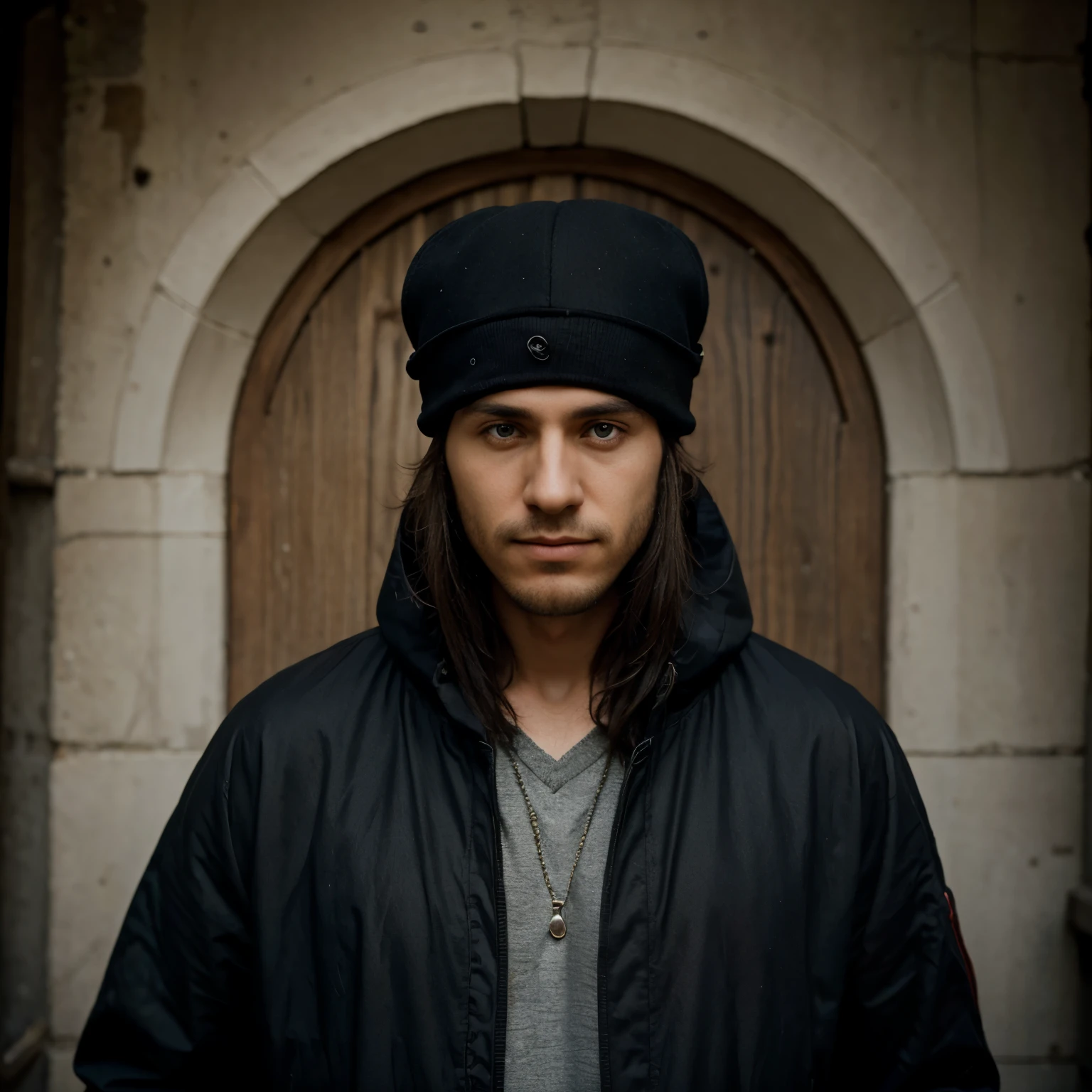 Bardo(musician), facing forward and with his eyes covered by his hat.
