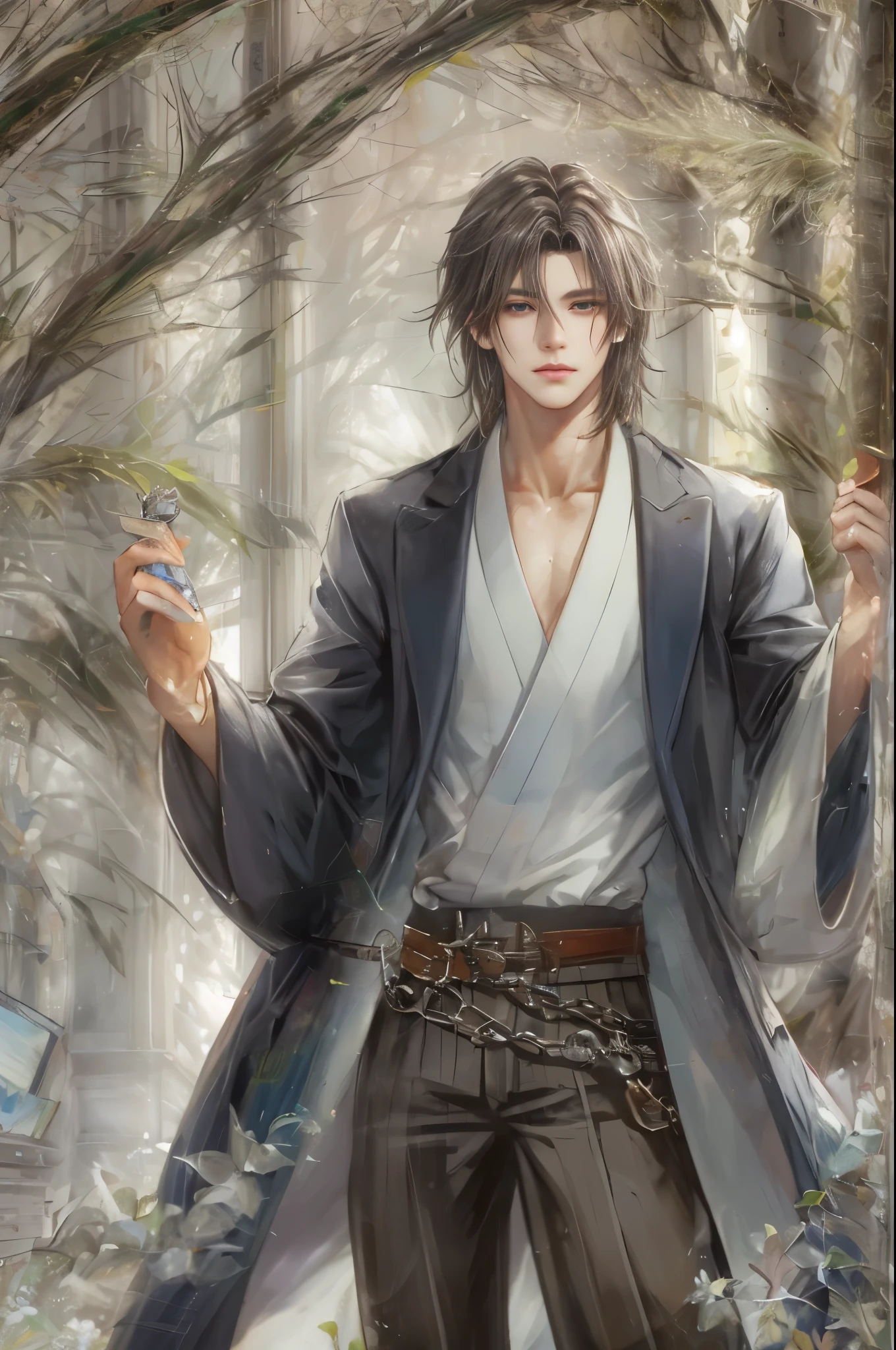 (absurdres, highres, ultra detailed, HDR), masterpiece, best quality, 1 boy , Hakuoki character, log hair, beautiful face, anime eyes,detailed interior, detailed character, 18k,3d,white overcoat, gentle man