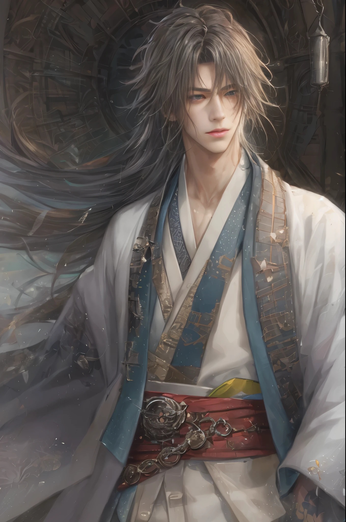 (absurdres, highres, ultra detailed, HDR), masterpiece, best quality, 1 boy , Hakuoki character, log hair, beautiful face, anime eyes,detailed interior, detailed character, 18k,3d,white overcoat, gentle man 