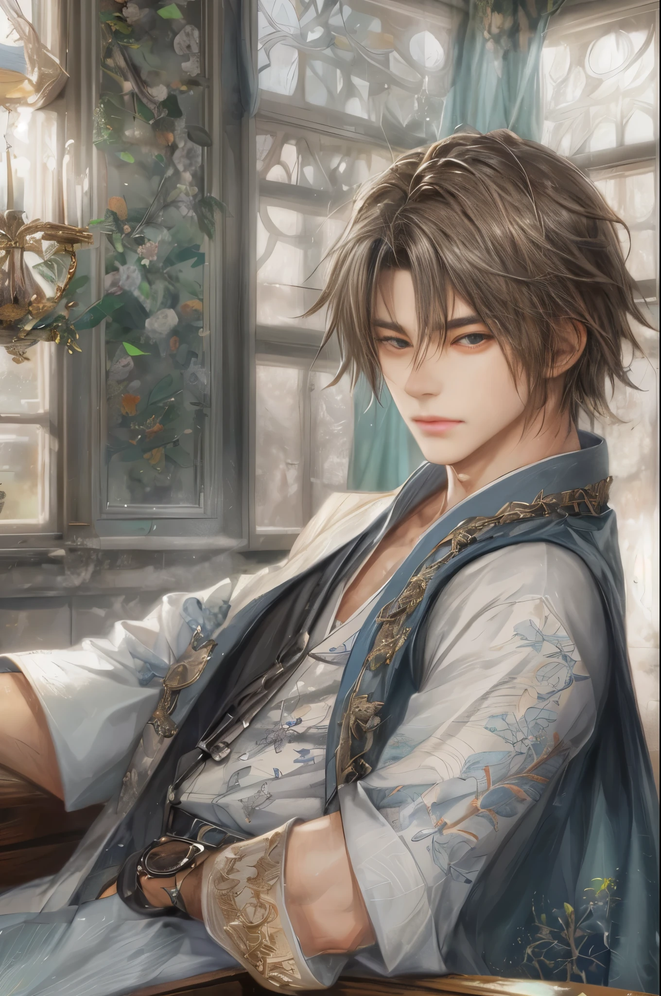 (absurdres, highres, ultra detailed, HDR), masterpiece, best quality, 1 boy , Hakuoki character, log hair, beautiful face, anime eyes,detailed interior, detailed character, 18k,3d,white overcoat, gentle man