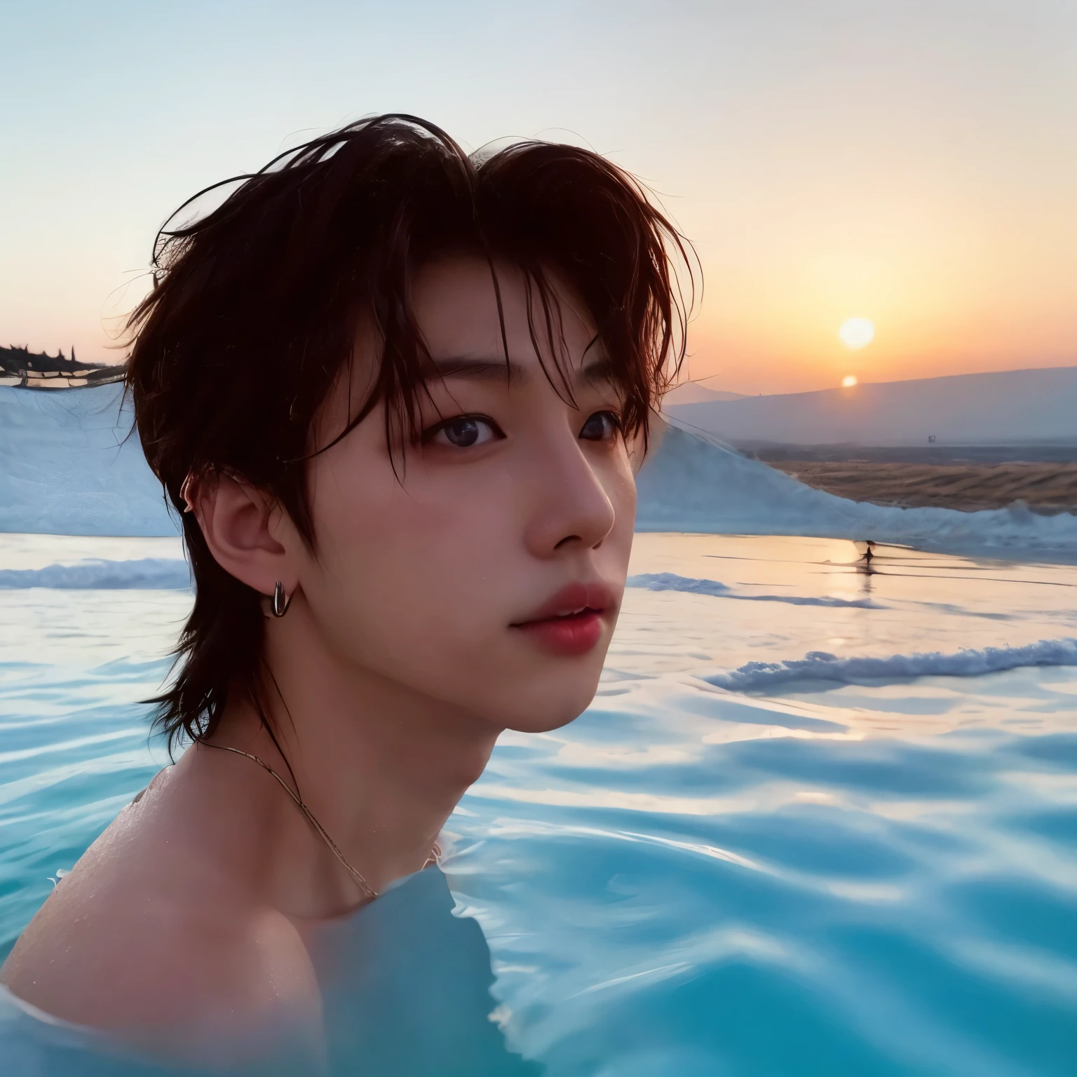 There is a man in the water with a sunset in the background, Cai Xukun, Jungkook, Jinyoung Shin, taejune kim, hyung tae, quente com sol brilhando, Steven Jung, with sunset, Jinyoung Shin aesthetics, aesthetics!!, 🌻🎹🎼, imagem vazada, beautiful and aesthetics, taken at the beginning of 2020, young pale angel