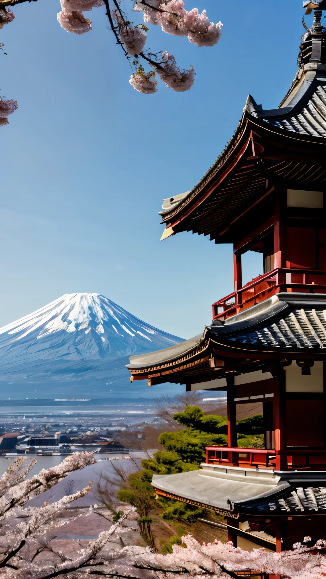 a traditional Japanese landscape with Mount Fuji, cherry blossoms