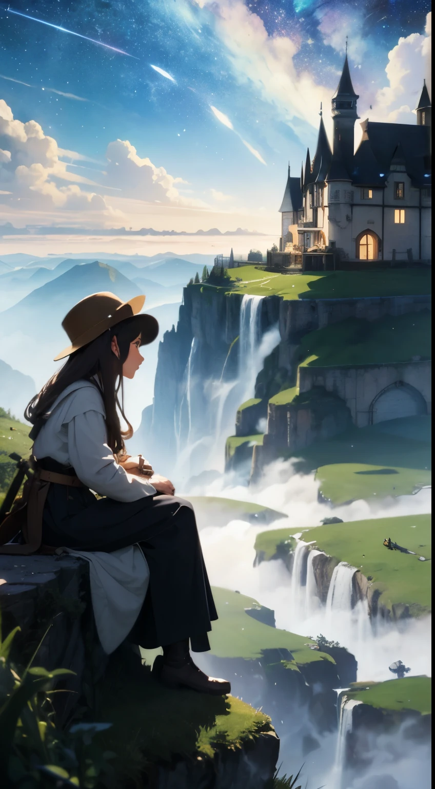 masterpiece, best quality, 1:1 ratio,
seated,
A quaint farmgirl, living through harsh times in the Middle Ages,
crazy world, surreal landscape,
floating islands, ethereal cloud castle,
(best quality: 1.3), (highres: 1), (detailed: 1.3), (incredible: 1.3), (perfect: 1.3), (perfection: 1.3),
in the background, a starry night sky dotted with twinkling stars,
(volume cover art: 0), (illustration: 1.3), sketched by the