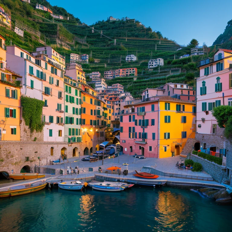 Dynamisches  Bild in Cinque Terre, with colorful houses:  Eine Frau. Hintergrund: Colorful houses and the sea. Licht: Late afternoon. ("Taken on:")[Sony A7III, f/2.8, 1/400s]