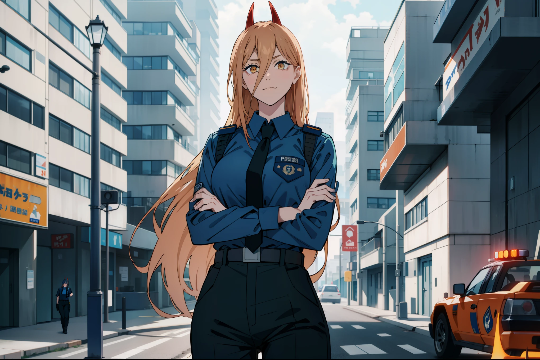 a street view of a woman in blue police uniform standing in street, 1girl, power (chainsaw man), police uniform, police, uniform, crossed arms, horns, breasts, solo, shirt, looking at viewer, pants, collared shirt, long hair, black pants, hair between eyes, belt, blue shirt, outdoors, policewoman