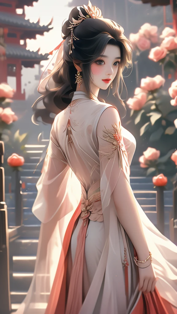 High quality image 8k resolution full camera HDR lens aperture f2.4 wide original f1.8 see full panorama a beautiful asian girl with long smooth black hair shooting fashion collections in a lively space behind the girl's back are beautiful pale red roses