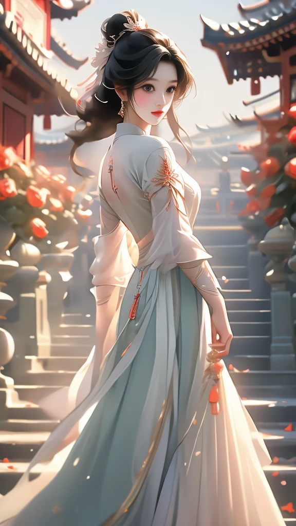 High quality image 8k resolution full camera HDR lens aperture f2.4 wide original f1.8 see full panorama a beautiful asian girl with long smooth black hair shooting fashion collections in a lively space behind the girl's back are beautiful pale red roses