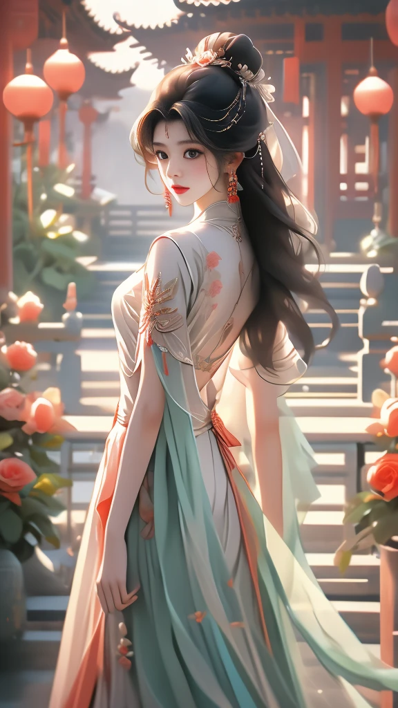 High quality image 8k resolution full camera HDR lens aperture f2.4 wide original f1.8 see full panorama a beautiful asian girl with long smooth black hair shooting fashion collections in a lively space behind the girl's back are beautiful pale red roses
