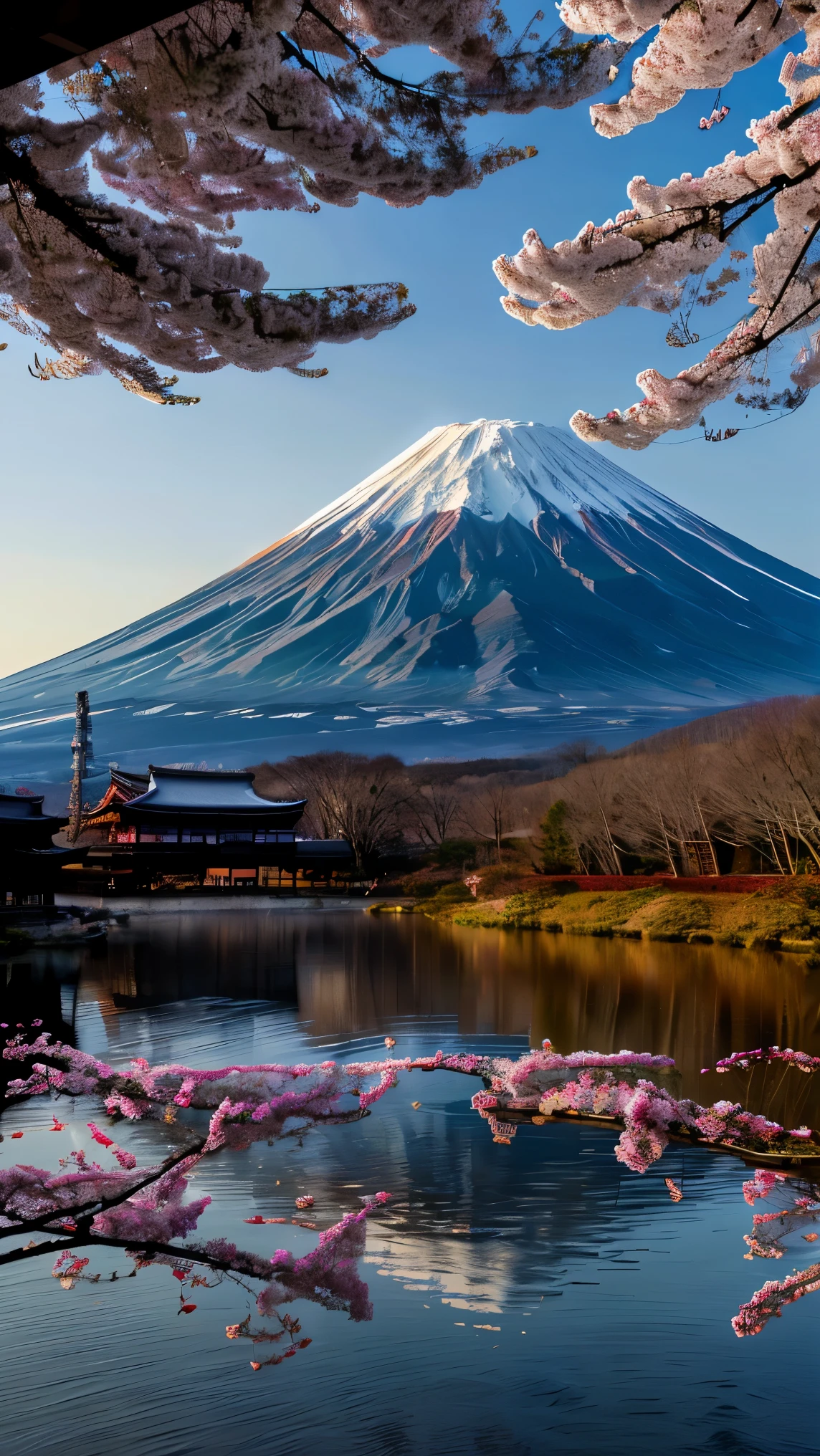 a traditional Japanese landscape with Mount Fuji, cherry blossoms