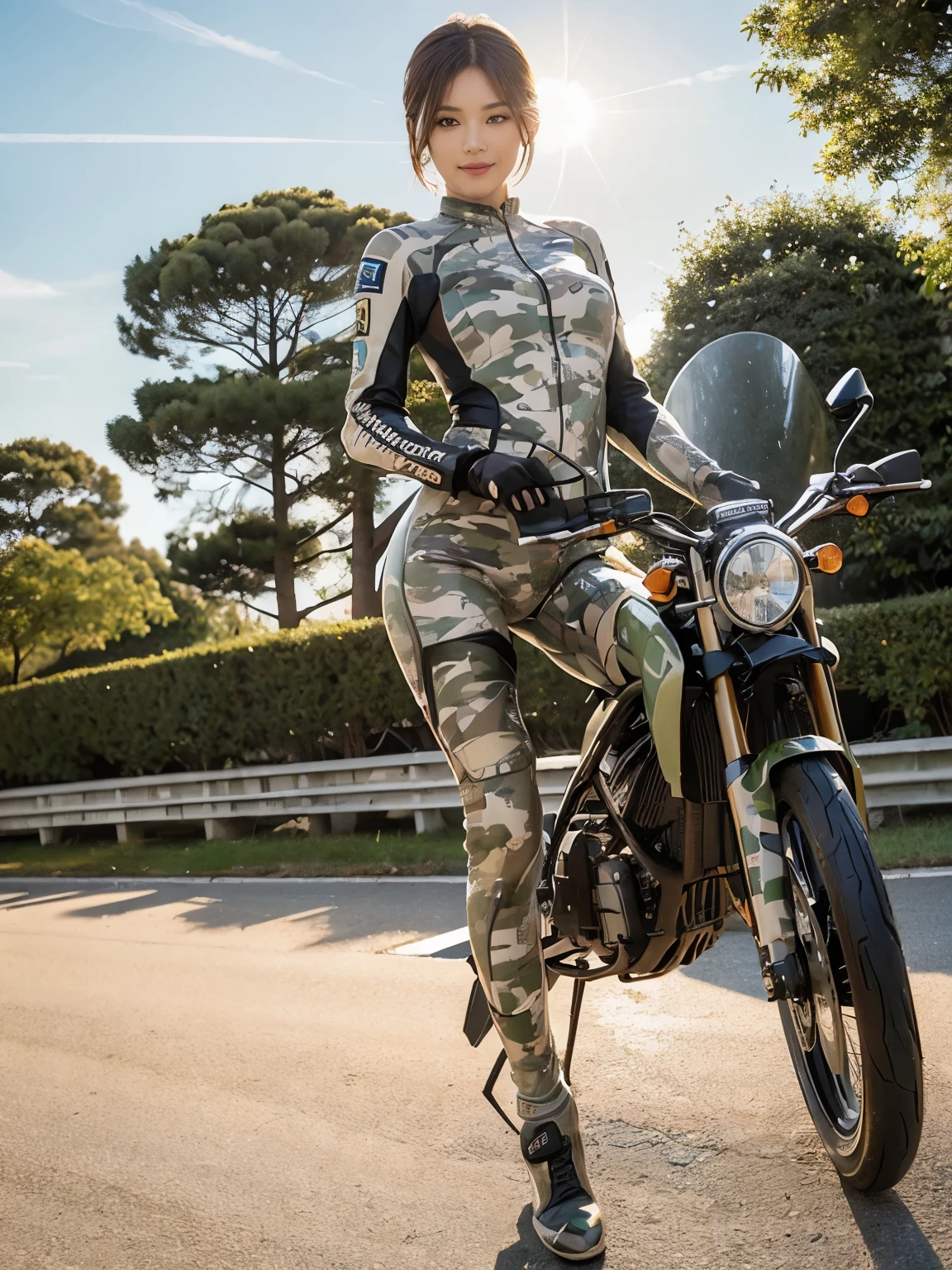 (realistic:1.5), 8k, Super delicate beauty, (a sunny day:1.5), intricate bike details (highest quality: 1.0), (Super high sharpness: 1.0),(Beautiful and delicate depiction of eyes),(((Beautiful woman riding motorcycle))),unreal engine:1.4,photorealistic:1.4, skin texture:1.4, masterpiece:1.8, smile、long legs、((full body shot))、((camouflage racing suit))、short hair