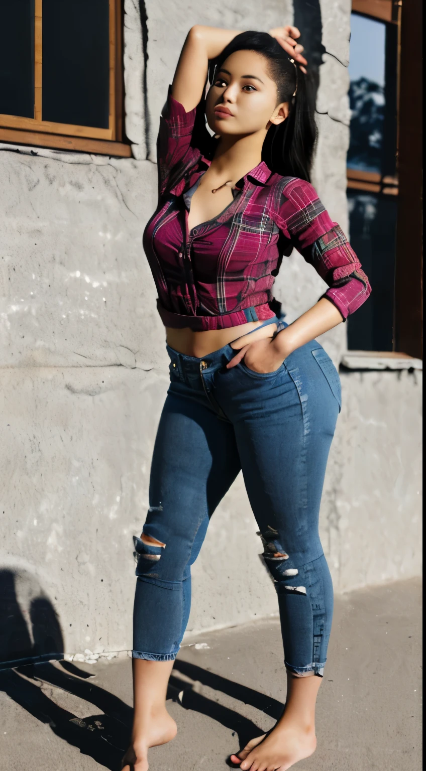 (((Girl, extremely detailed, extremely detailed legs, extremely detailed arms, extremely detailed face, perfectly detailed eyes, perfectly detailed))): ((solo)), huge thighs, curvature, thicc, capri skinny jeans, cropped plaid shirt, rolled up pants, rolled up sleeves, huge ass, looking over shoulder, bare feet, 4kHD, twerking