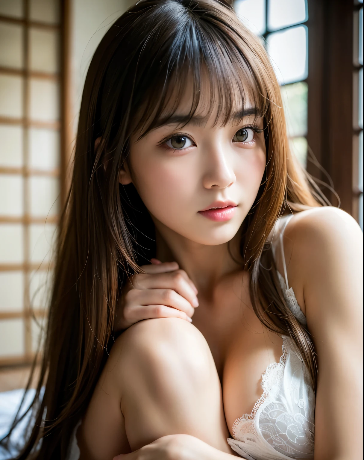 highest quality, face focus, soft light, ultra high resolution, (realistic:1.4), RAW photo,
1 japanese girl, alone, cute, big , masturbating, (pupil, light in the eyes),  detailed beautiful face, (),(High resolution details of human skin texture),
(long hair),
indoor,
damask shirt dress,
(portrait)