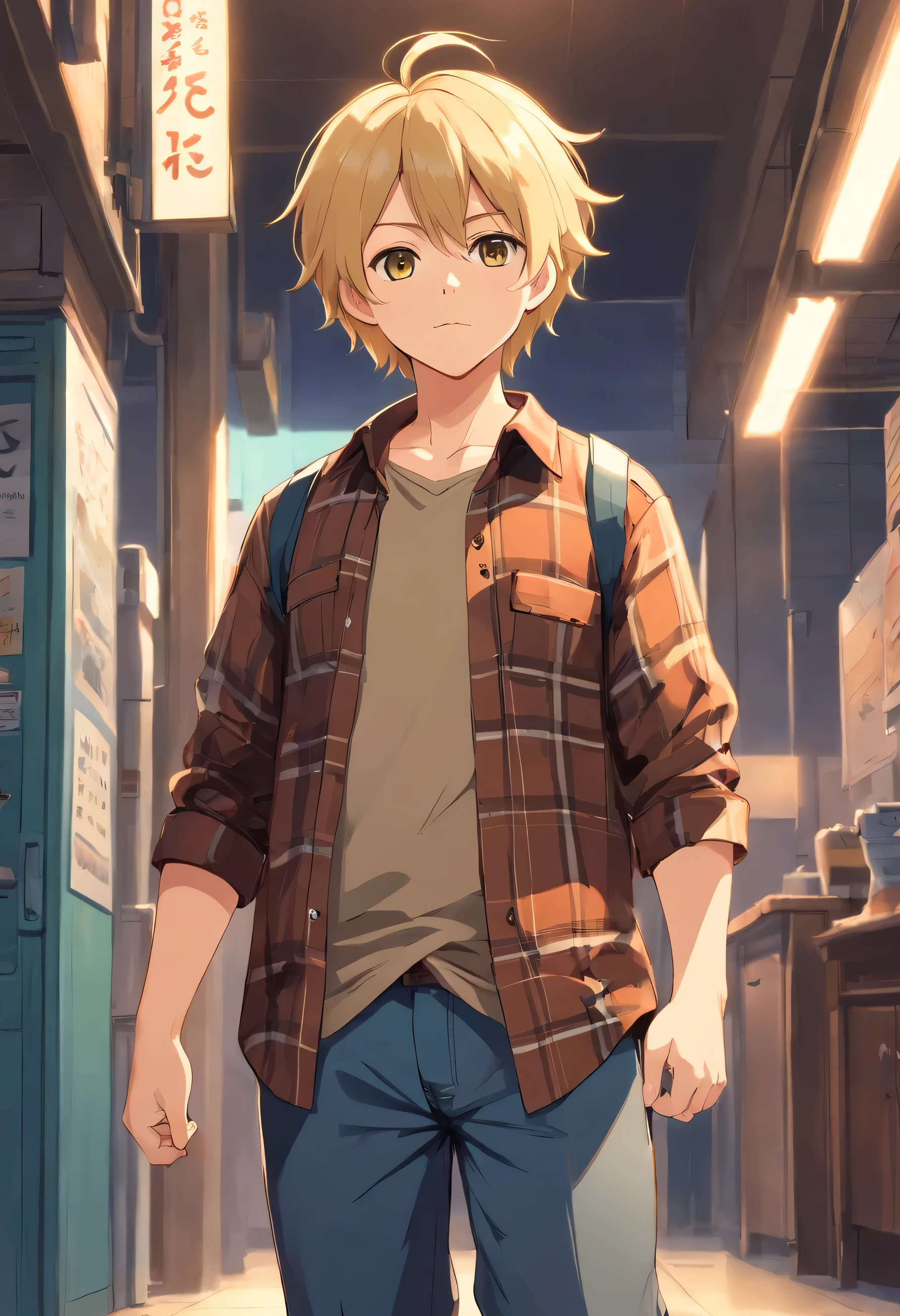 a shorter chubby boy, Medium-length hair. Blond with brown roots. Flannel-styled shirt unbuttoned with a t-shirt underneath. The T-shirt can have a graphic on it. Maybe something silly. Dark pants and sneakers, front view, no background.