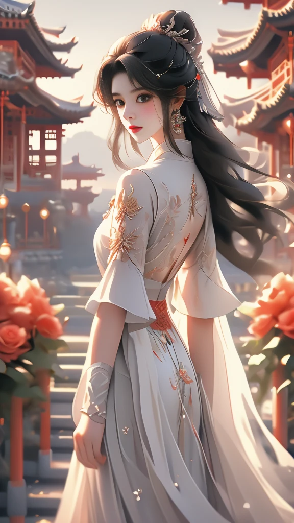 High quality image 8k resolution full camera HDR lens aperture f2.4 wide original f1.8 see full panorama a beautiful asian girl with long smooth black hair shooting fashion collections in a lively space behind the girl's back are beautiful pale red roses
