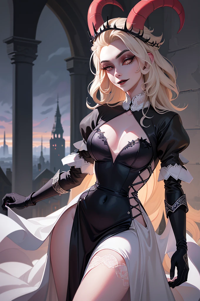 (Lilith:1.2), (grey/gray skin, grey sclera, long blonde hair, white iris, demon horns, makeup), (DefaultOutfit:1.2), (long dress, sleeves, gloves, black dress:1.5), (castle, inside a castle, Victorian theme), (realistic:1.2), (masterpiece:1.2), (upper-body-shot:1),(Cowboy-shot:1.2), neon lighting, dark romantic lighting, (highly detailed:1.2),(detailed face:1.2), (gradients), colorful, detailed eyes, (detailed landscape:1.2), (natural lighting:1.2), (powerful pose:1.2), (solo, one person, 1girl:1.5), lilith, hazbin , black dress, perfect fingers, walking, dancing, smilling