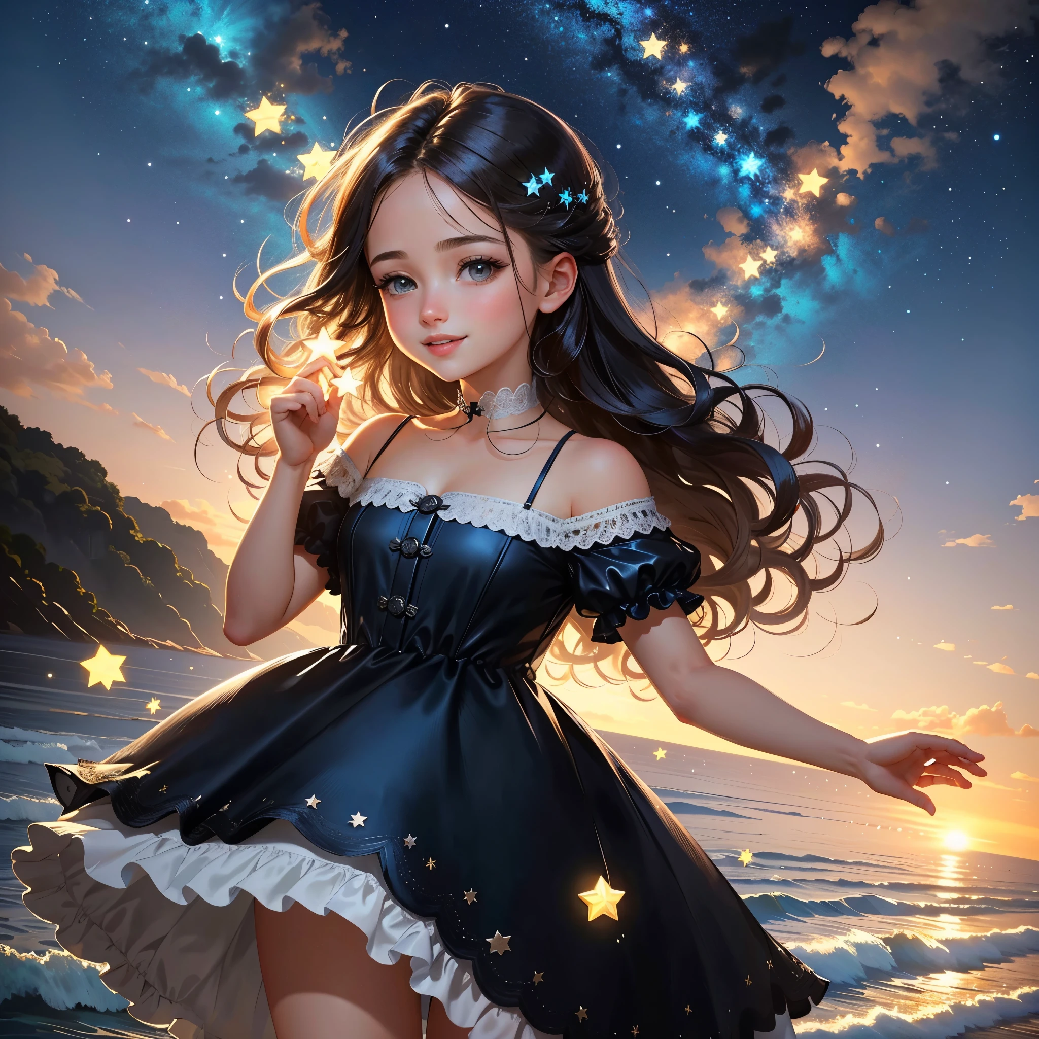 (((Meisterwerk: 1.2, Realistisch: 1.37, ultra high resolution))), weibliches Modell, helle Haut, Langes, lockiges Haar, blaues Kleid, am Meer, Rose petals everywhere, Hoher Kontrast, Dynamisch, Weicher Fokus, Nacht, Sterne, Sternenklarer Himmel, Meer,high quality,highest quality,((There are no three feet)),((Es gibt keine sechs Finger)) catching a star in her hand, stars in the distance, cute, smile