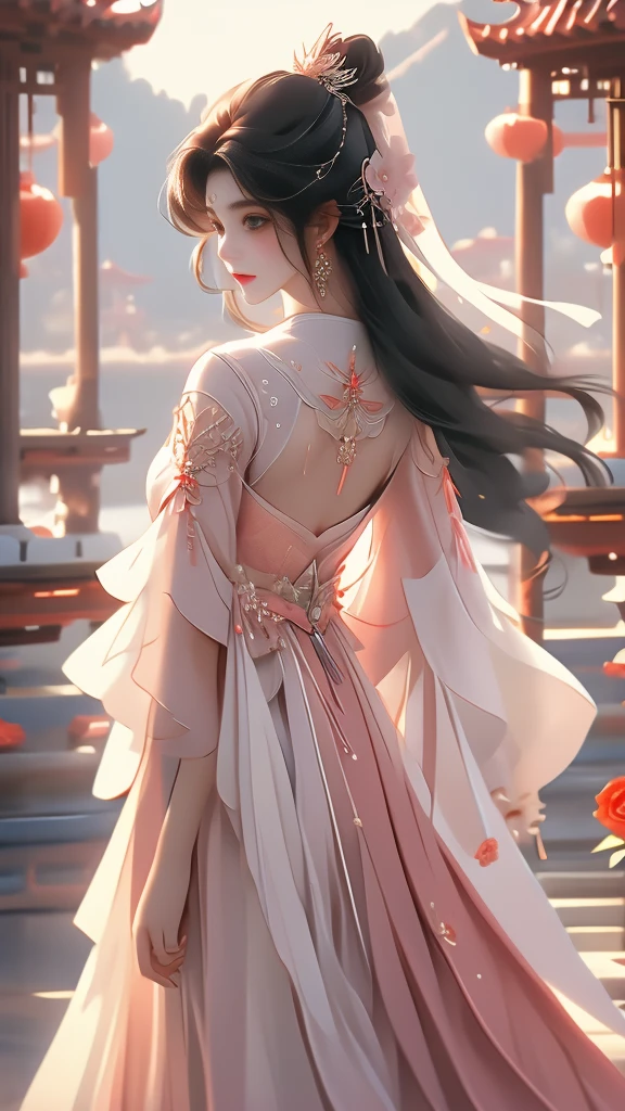 High quality image 8k resolution full camera HDR lens aperture f2.4 wide original f1.8 see full panorama a beautiful asian girl with long smooth black hair shooting fashion collections in a lively space behind the girl's back are beautiful pale red roses