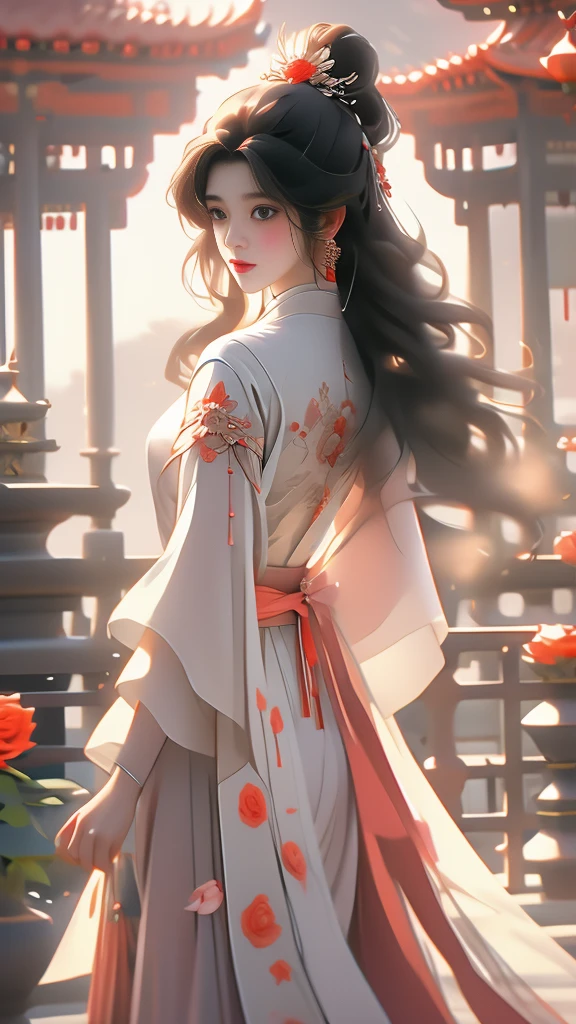 High quality image 8k resolution full camera HDR lens aperture f2.4 wide original f1.8 see full panorama a beautiful asian girl with long smooth black hair shooting fashion collections in a lively space behind the girl's back are beautiful pale red roses