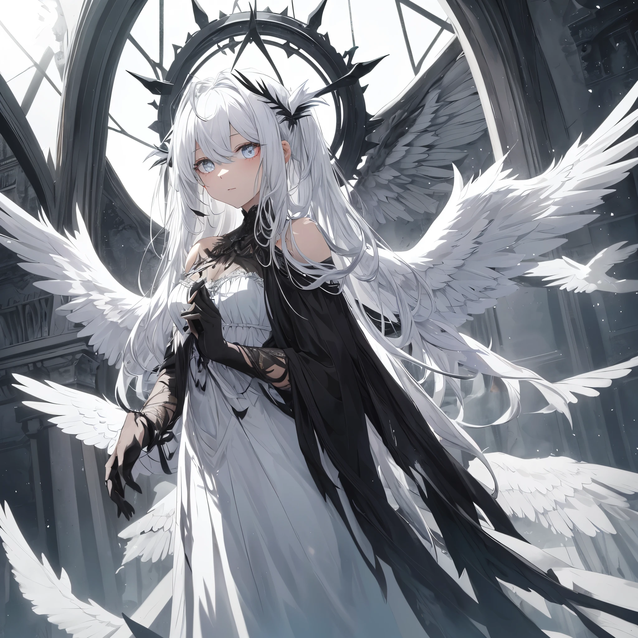 In the ethereal realm of angelic beings, a solitary white-angel is depicted with delicately broken wings that extend farther than usual, creating a mesmerizing scene. Her halo, as radiant as the sun, emits a gentle light and is of the same pure white tone as her heavenly attire. Seemingly lost in thought, she maintains a state of tranquil solitude.

In stark contrast, there lies a solo black-angel, her wings similarly elongated yet jaggedly broken. Dark halos surround her ethereal form, unifying the black tone that envelops her image. Her heterochromatic pupils, half glowing with an en
