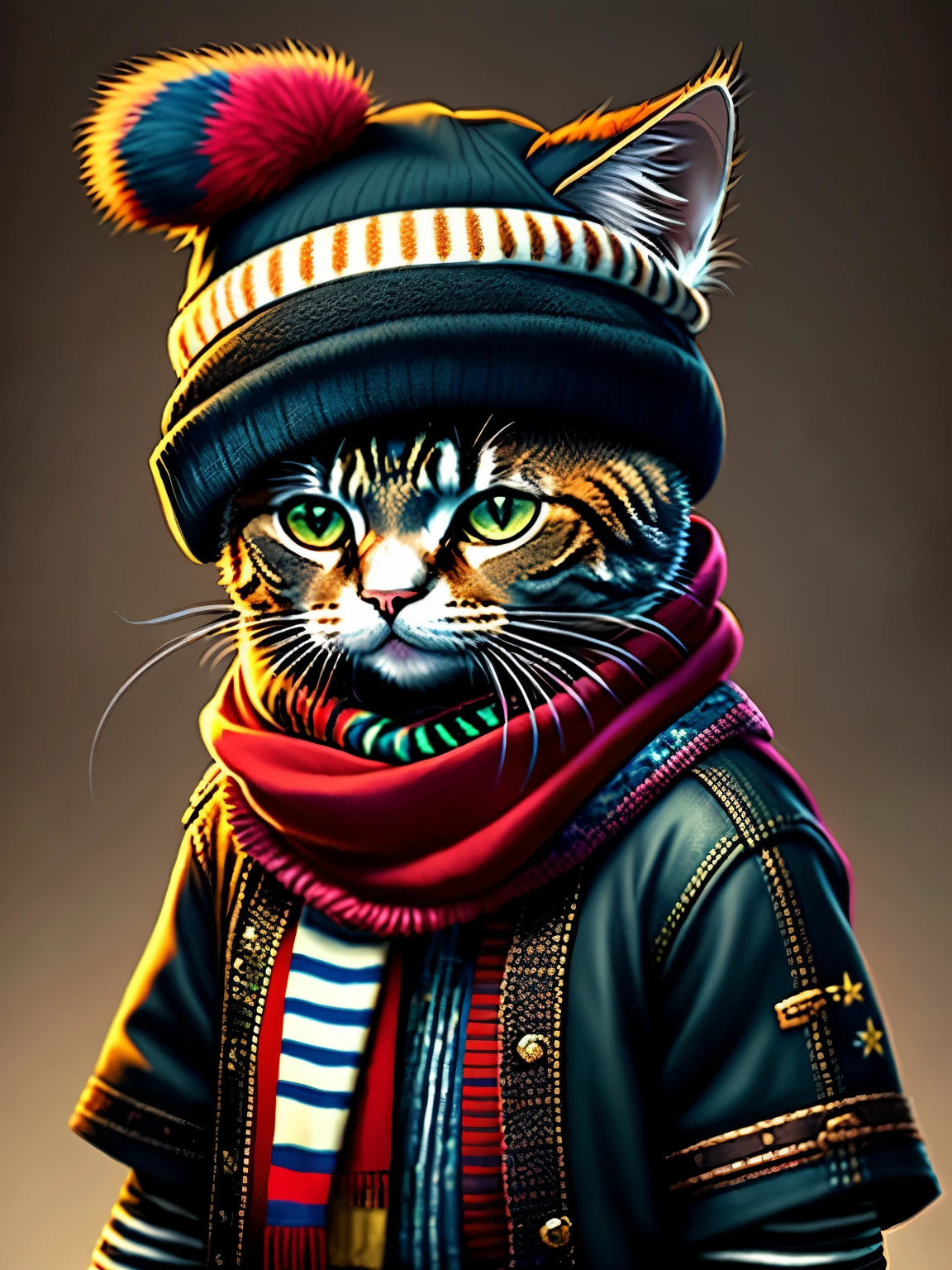 picture of a cat in a hat and scarf, Art Station Trend, dressed in punk clothes, hyper-realistic detailed rendering, british gang member, Urban style, intimidating pose, planet of cats, fashion clothes, City samurai, Meow, west slavic traits, 8 1 5