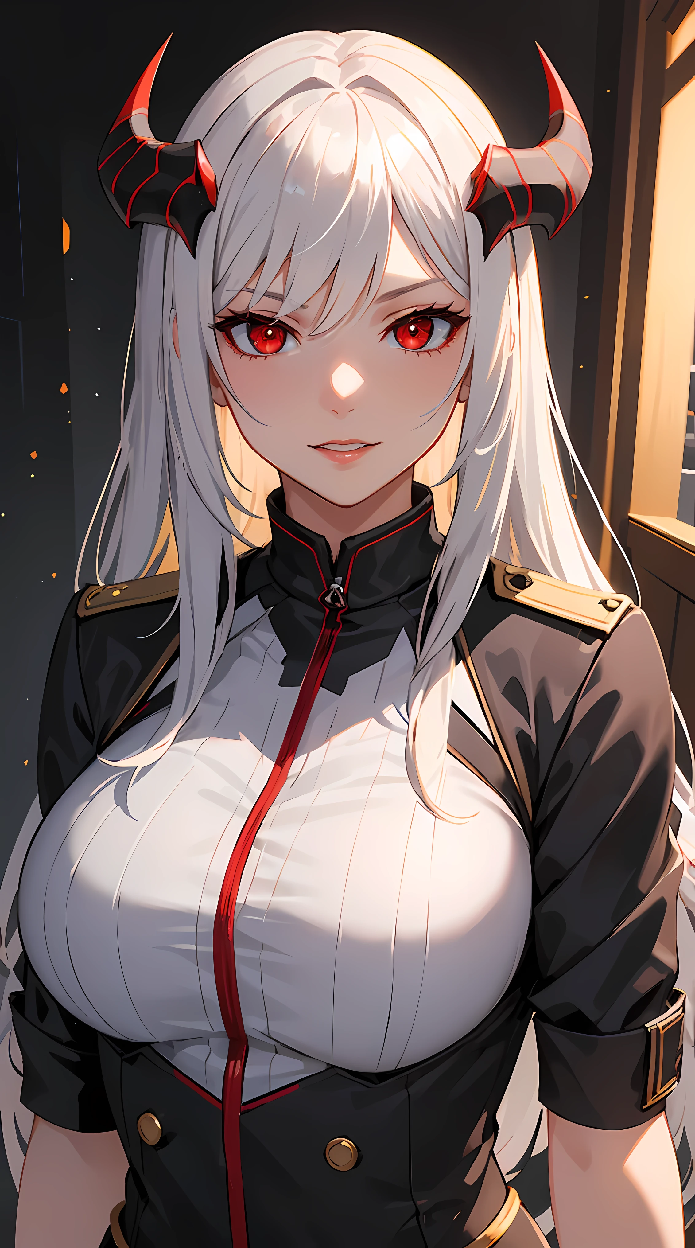 1girl, solo, mature lady, milf, beautiful character design, cg unreal engine, hd, 4k, full shading, perfect shading, professional art, extremely detail character design, a girl with long white hair wearing black theme military uniform, happy, smug, red eyes color, red lips, half body shot, looking at viewer, evil pupil eyes, cute evil horns