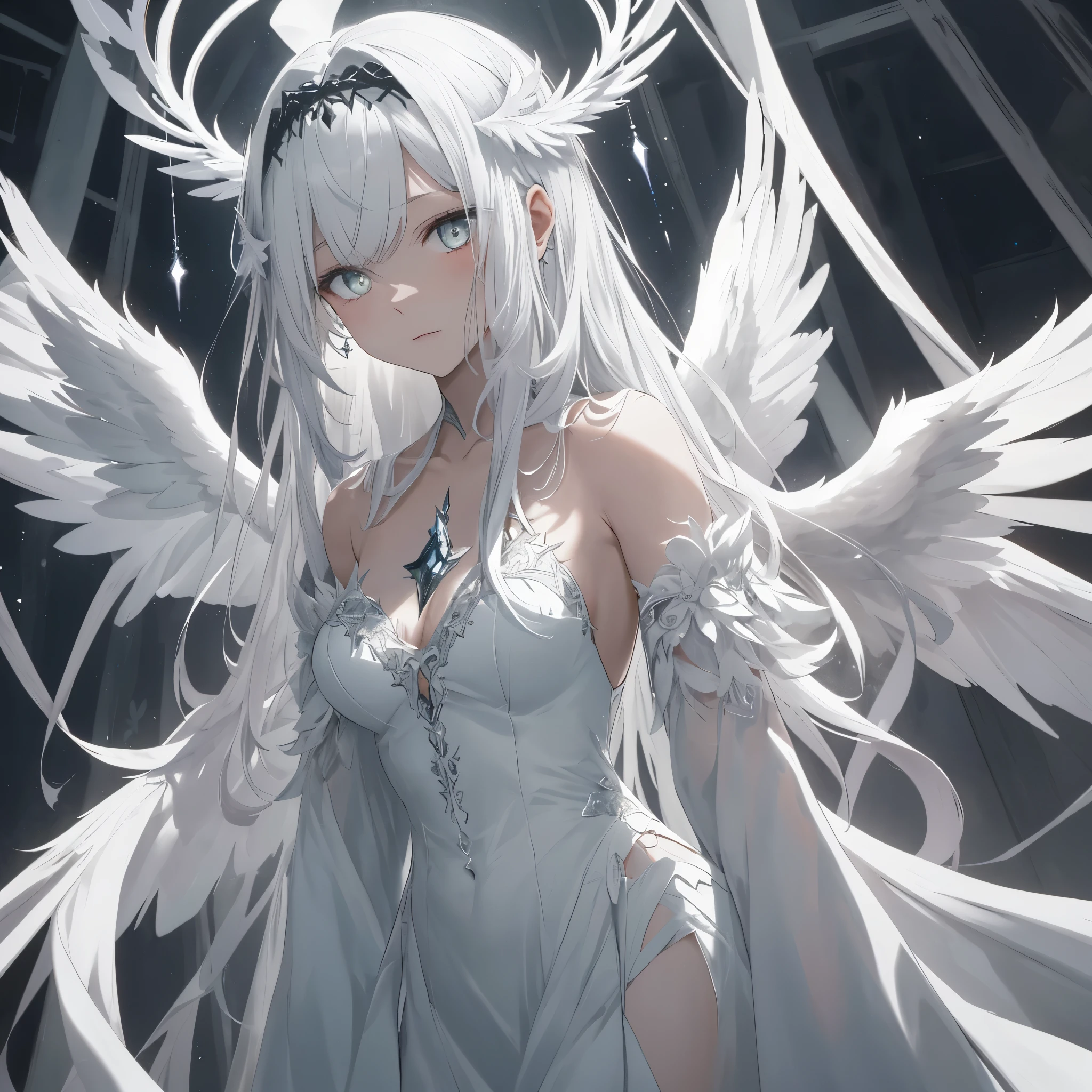 In the ethereal realm of angelic beings, a solitary white-angel is depicted with delicately broken wings that extend farther than usual, creating a mesmerizing scene. Her halo, as radiant as the sun, emits a gentle light and is of the same pure white tone as her heavenly attire. Seemingly lost in thought, she maintains a state of tranquil solitude.

In stark contrast, there lies a solo black-angel, her wings similarly elongated yet jaggedly broken. Dark halos surround her ethereal form, unifying the black tone that envelops her image. Her heterochromatic pupils, half glowing with an en