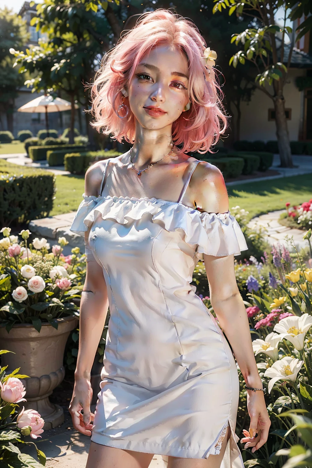 highest quality, masterpiece, ultra high resolution, (realistic:1.4), RAW photo, 1 girl, white dress, off shoulder, flower garden, glowing skin, light smile pink hair