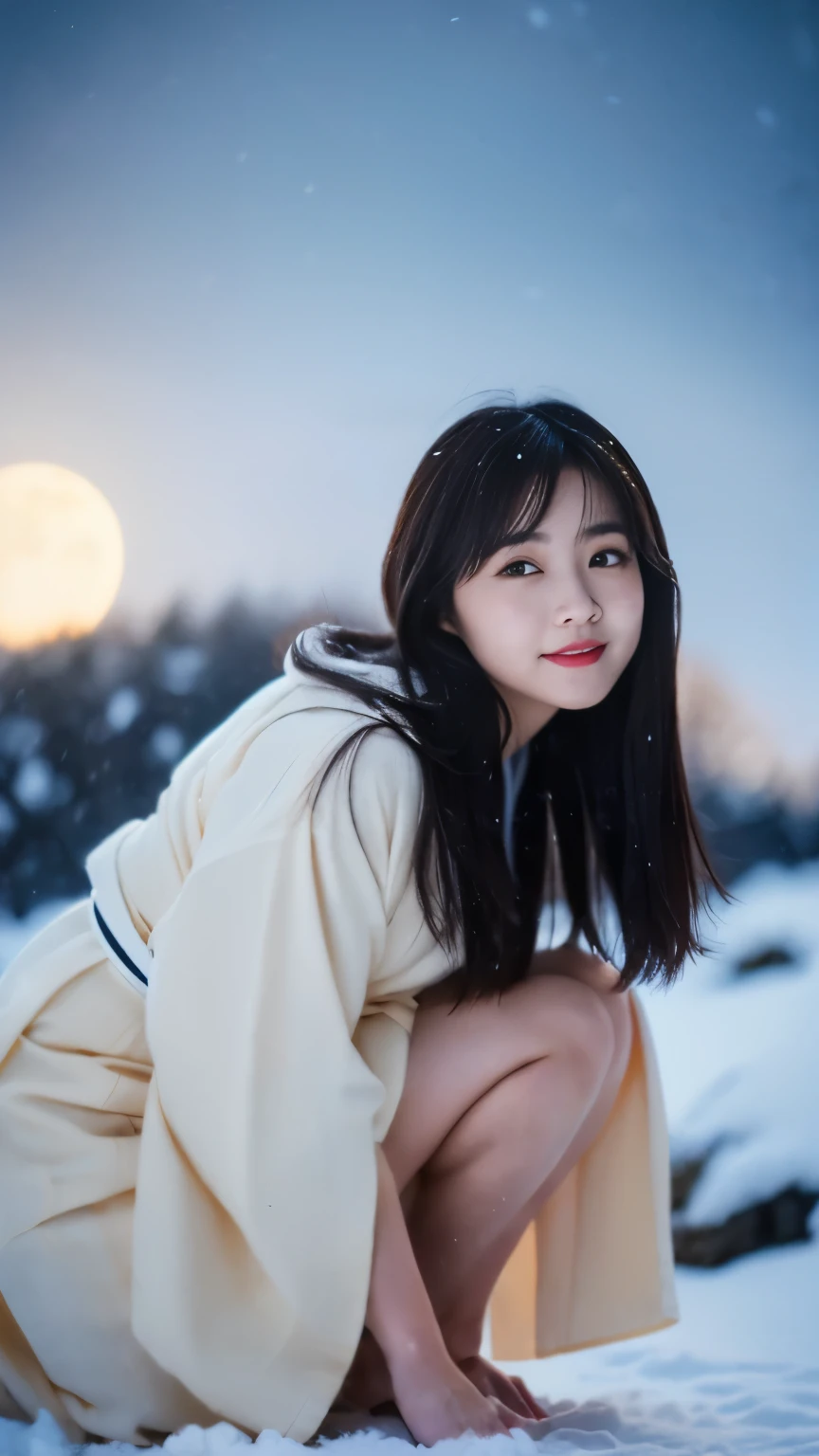 perfect anatomy ,(((wearing white clothes, A thin kimono that leaves little skin exposed,Beautiful woman standing on a snowy mountain at night))),(((In the dim light of a blizzard,A Yuki-onna who looks good in a plain white kimono is crouching down and looking at uuste piece:1.6))),(((Ulsan-6500))),(((Deep depth of field with Hasselblad))),(((sexy waist))),masterpiece,highest quality,ultra high resolution,high detailed portrait,(realistic pictures:1.4),(((tall nose and beautiful face))),(((long limbs like a model))),The fair-skinned nape of the neck is dazzling,(((The beautiful pure white kimono stands out))),Tuck your chin and smile over your shoulder,((Full-body photo taken with the moon in the background)),20-year-old, The nape of the glossy maroon 2-block belly short is sexy.,((Proud F cup beautiful breasts and narrow waist)),(A scene from a famous Japanese folk tale),(Raise the corners of your mouth and eyebrows and smile),((Gravure shooting in a snowy mountain forest)),((long eyelashes,Big eyes,Clear double eyelids,((glossy thick lips)),The short bob looks great and captures the essence of her athleticism and energy.,Deep depth of field with Hasselblad, portraying the motion and grace of ランニング, showing the wind blowing her ショートカット and clothes,Photographed from behind,outdoors, detailed background,best image quality,professional angle of view,outstanding detail,超A high resolution,realistic:1.4),high detail,focus on details,1girl concentrated in high concentration,beautiful chestnut hair,Beautiful face with a delicate and high nose,long limbs like a model,tight waist,