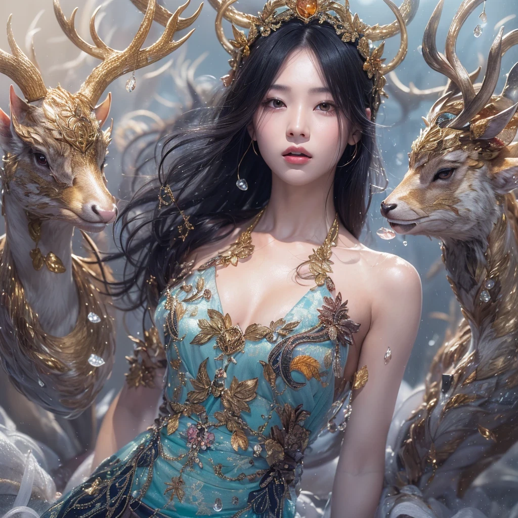 deer角飞天九尾浅蓝天师火焰毛deer星,novel,Torch Night Black Gold Orange Snake Print Silk Trousers,Rouge Diamond Tulle Sheer Lizard Print,Fat girl flying in space in the snow 1:900 miniatures,Front view,pure transparency,put on boxing gloves,佩戴金框反Light太阳镜,Panoramic super wide angle,very happy,Authentic and delicate texture,Strong visual impact,super detailed,dream girl,delicate face型,beautiful eyes,Hair floating in the air, cherry style,Zhou Xiaotong,crystal clear,Good sense of perspective,Light影效果,16KLight滑,surface reflected Light,flowing black hair,Water Goddess 32K,complicated,grace,Very detailed,Gorgeous,digital photography,Autumn Cowboy Shooting,Surrealism,broken ruby,defeat magic,Water magic entanglement,(masterpiece,Light,beautiful eyes:1.2),high dynamic range,void 5 energy storm,(china 1 girl,black eyes:1.5),rouge skin,发Light的皮肤,(sit on stone:1.5),delicate face,black hair,穿上Gorgeous金色铠甲,take off shoulders,deer,short skirt,beautiful golden armor,it'it'It's raining,beautiful,Don't look at the audience,Turn your back to the camera,masterpiece,side,side portrait close-up