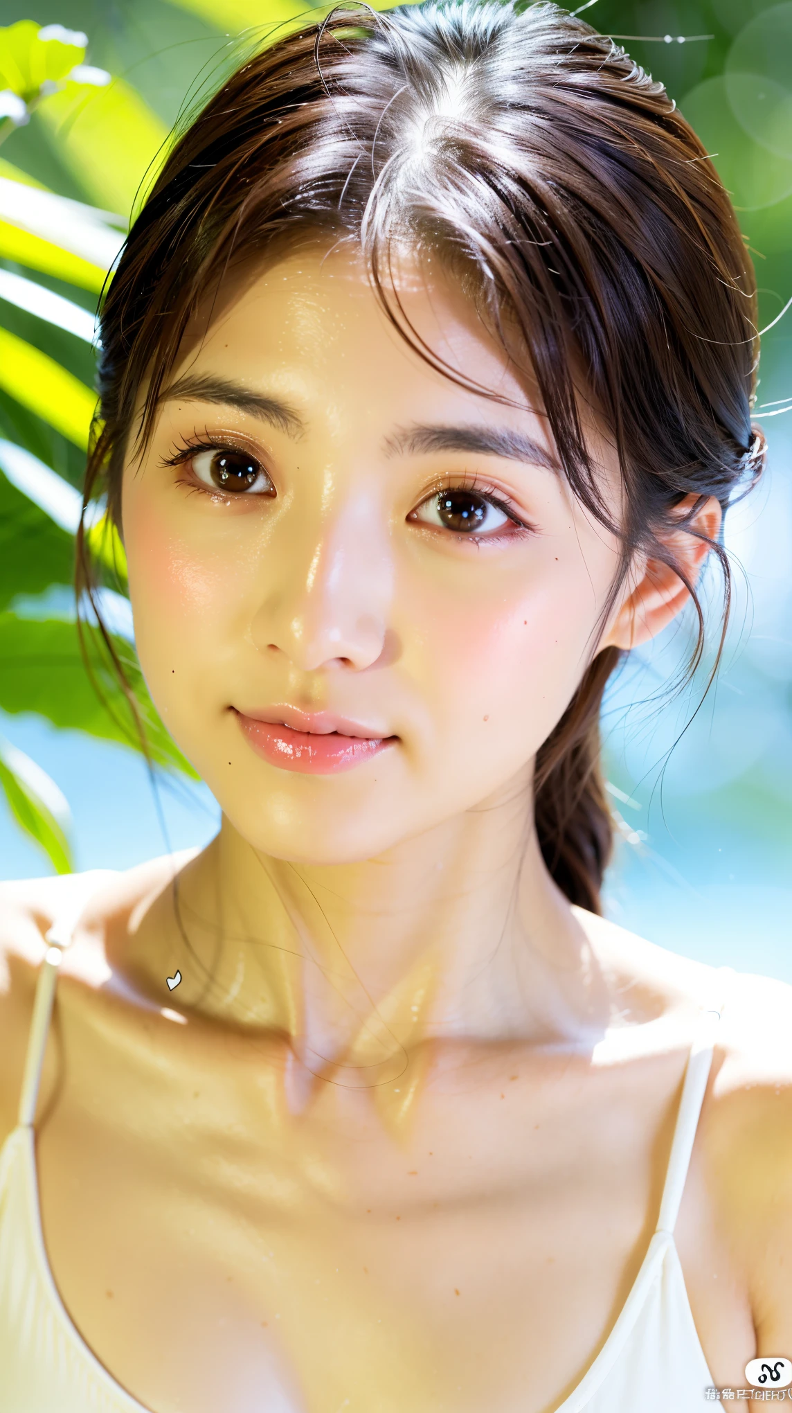 (highest quality, 4k, masterpiece :1.3), 
sharp focus, shallow depth of field, Bright colors, professional level, 
20-year-old, 1 person, (Japan and half Korean woman）, The face of a famous Japanese actress, 
Supple body :1.3, model body shape:1.5, perfect style：1.4, 
narrow shoulders, beautiful clavicle, long and thin legs, 
delicate body shape, The beauty of slim abs :1.2, thin waist :1.2, 
super detailed skin, Fair skin, Shiny skin, super detailed face, 
slim facial contour, beautiful small face, Beautiful lined nose, 
super detailed eyes, long slit eyes, brown eyes, double eyelid, Beautiful thin eyebrows, fine long eyelashes, 
super detailed lips, plump lips, glossy pink lips, flushed cheeks, beautiful teeth, 
Beautiful actress&#39;s ennui makeup, pink lipstick, 
dark brown hair, delicate soft hair, 
(hair up, medium short hair, ponytail:1.2), 
layer cut, (dull bangs:1.2), 
(stylish looking earrings,necklace,bracelet,shiny nail art:1.2), 
gentle smile, open mouth half way, Enchanted expression, stare at the viewer, 
(((photorealism,Shoot the whole body from the thighs:1.5))), ((The body is facing sideways)), 
Photographed directly from the front, cinematic lighting, dynamic lighting, 

(Dress up in a tight green polka dot dress:1.2), 

(wet in the rain, wet in the rain, wet body :1.4),