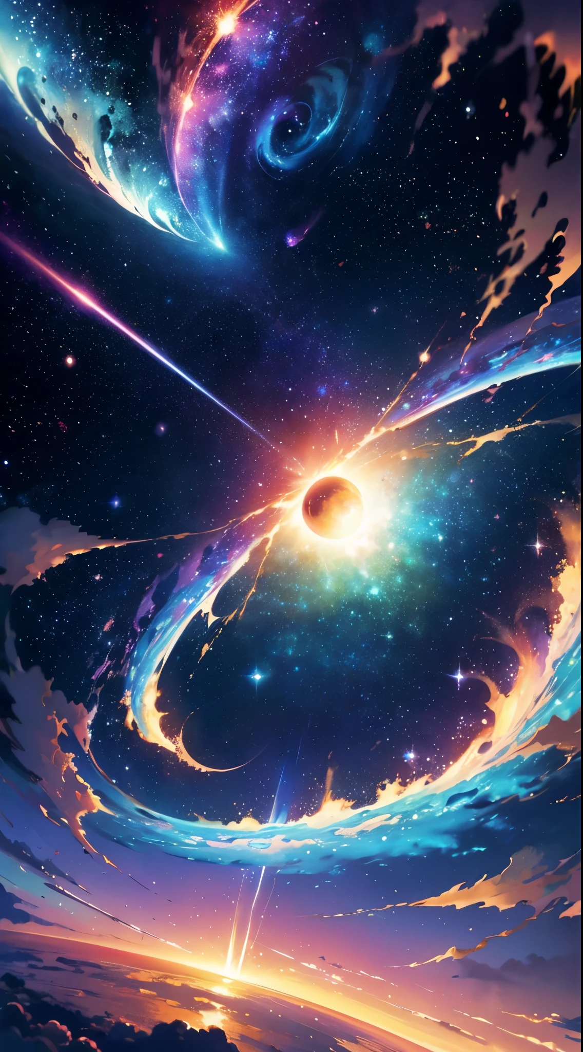 Transport viewers to the depths of space with a wallpaper showcasing abstract lightning motifs set against a backdrop of swirling galaxies and celestial phenomena. Illustrate bursts of glittering lightning arcing across the cosmos, their vibrant colors and dynamic shapes creating a sense of cosmic energy and motion. Show elements like twinkling stars, swirling nebulae, and distant planets orbiting in the void, evoking a sense of wonder and awe in the infinite expanse of the universe.