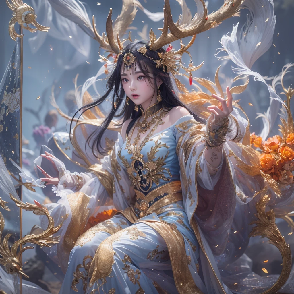 deer角飞天九尾浅蓝天师火焰毛deer星，novel，Torch Night Black Gold Orange Snake Print Silk Trousers，Rouge Diamond Tulle Sheer Lizard Print，Fat girl flying in space in the snow 1:900 miniatures，Front view，pure transparency，put on boxing gloves，佩戴金框反Light太阳镜，Panoramic super wide angle，very happy，Authentic and delicate texture，Strong visual impact，super detailed，dream girl，delicate face型，beautiful eyes，Hair floating in the air， cherry style，Zhou Xiaotong，crystal clear，Good sense of perspective，Light影效果，16KLight滑，surface reflected Light，flowing black hair，Water Goddess 32K，complicated，grace，Very detailed，Gorgeous，digital photography，Autumn Cowboy Shooting，Surrealism，broken ruby，defeat magic，Water magic entanglement，（masterpiece，Light，beautiful eyes：1.2），high dynamic range，void 5 energy storm，(china 1 girl，black eyes:1.5），rouge skin，发Light的皮肤，(sit on stone：1.5），delicate face，black hair，穿上Gorgeous金色铠甲，take off shoulders，deer，short skirt，beautiful golden armor，it&#39;it&#39;It&#39;s raining，beautiful，Don&#39;t look at the audience，Turn your back to the camera，masterpiece，side,side portrait close-up