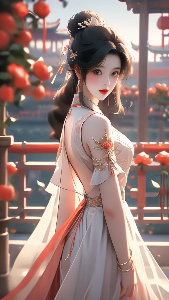 High quality image 8k resolution full camera HDR lens aperture f2.4 wide original f1.8 see full panorama a beautiful asian girl with long smooth black hair shooting fashion collections in a lively space behind the girl's back are beautiful pale red roses