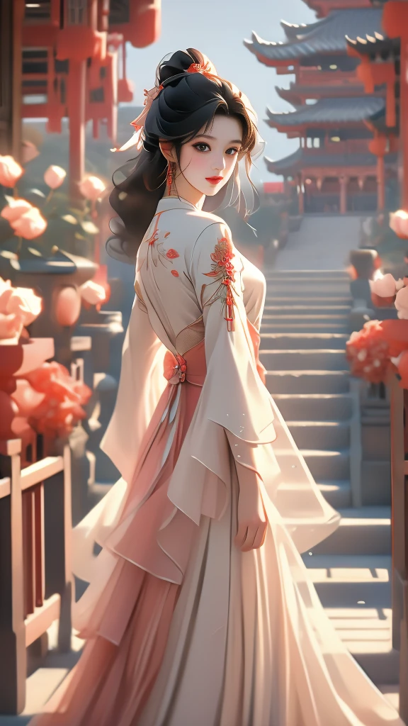 High quality image 8k resolution full camera HDR lens aperture f2.4 wide original f1.8 see full panorama a beautiful asian girl with long smooth black hair shooting fashion collections in a lively space behind the girl's back are beautiful pale red roses