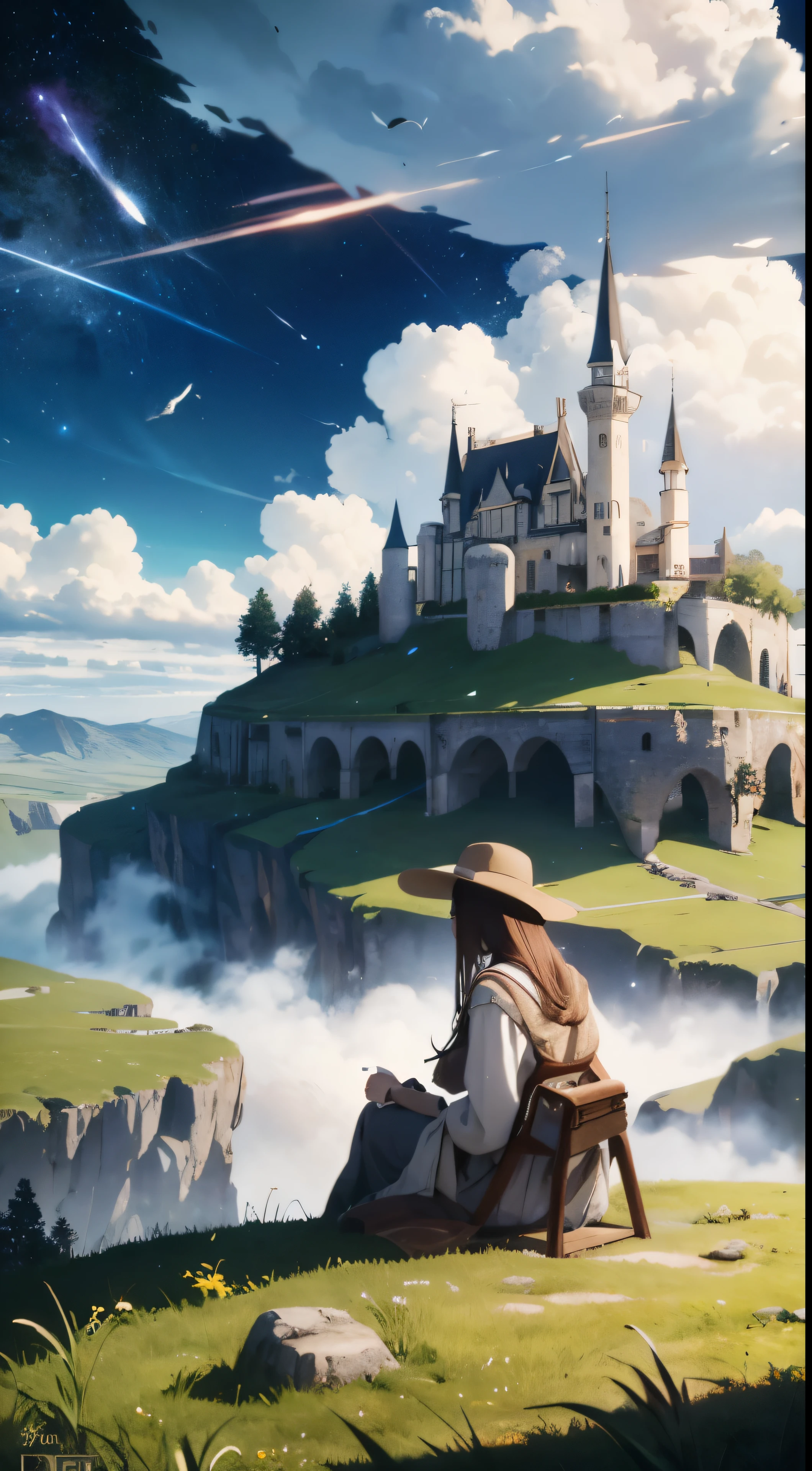 masterpiece, best quality, 1:1 ratio,
seated,
A quaint farmgirl, living through harsh times in the Middle Ages,
crazy world, surreal landscape,
floating islands, ethereal cloud castle,
(best quality: 1.3), (highres: 1), (detailed: 1.3), (incredible: 1.3), (perfect: 1.3), (perfection: 1.3),
in the background, a starry night sky dotted with twinkling stars,
(volume cover art: 0), (illustration: 1.3), sketched by the