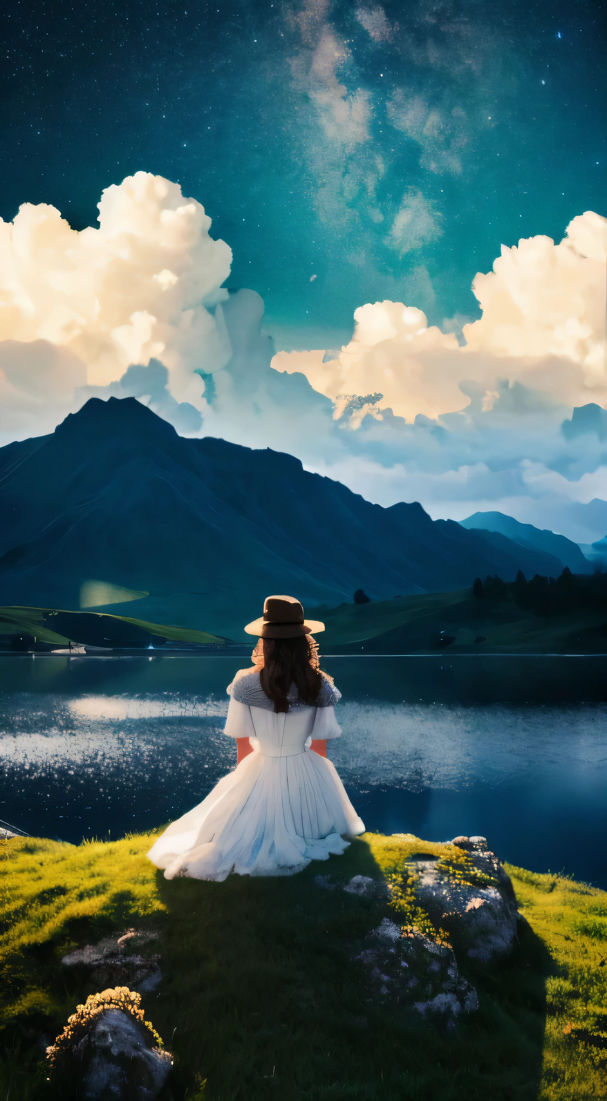 masterpiece, best quality, 1:1 ratio, seated, A quaint farmgirl, living through harsh times in the Middle Ages, crazy world, surreal landscape, floating islands, ethereal cloud castle, (best quality: 1.3), (highres: 1), (detailed: 1.3), (incredible: 1.3), (perfect: 1.3), (perfection: 1.3), in the background, a starry night sky dotted with twinkling stars, (volume cover art: 0), (illustration: 1.3), sketched by the