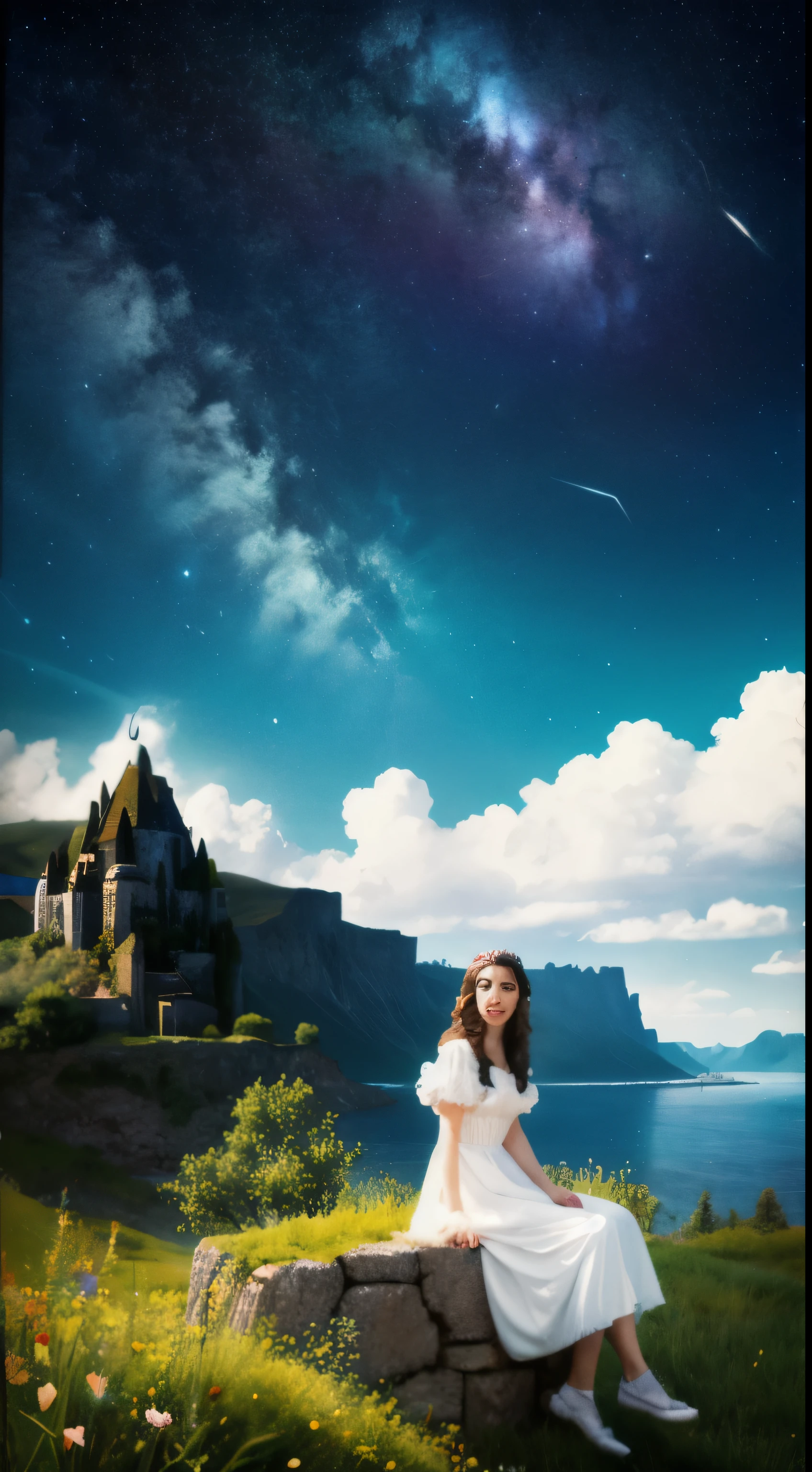 masterpiece, best quality, 1:1 ratio, seated, A quaint farmgirl, living through harsh times in the Middle Ages, crazy world, surreal landscape, floating islands, ethereal cloud castle, (best quality: 1.3), (highres: 1), (detailed: 1.3), (incredible: 1.3), (perfect: 1.3), (perfection: 1.3), in the background, a starry night sky dotted with twinkling stars, (volume cover art: 0), (illustration: 1.3), sketched by the