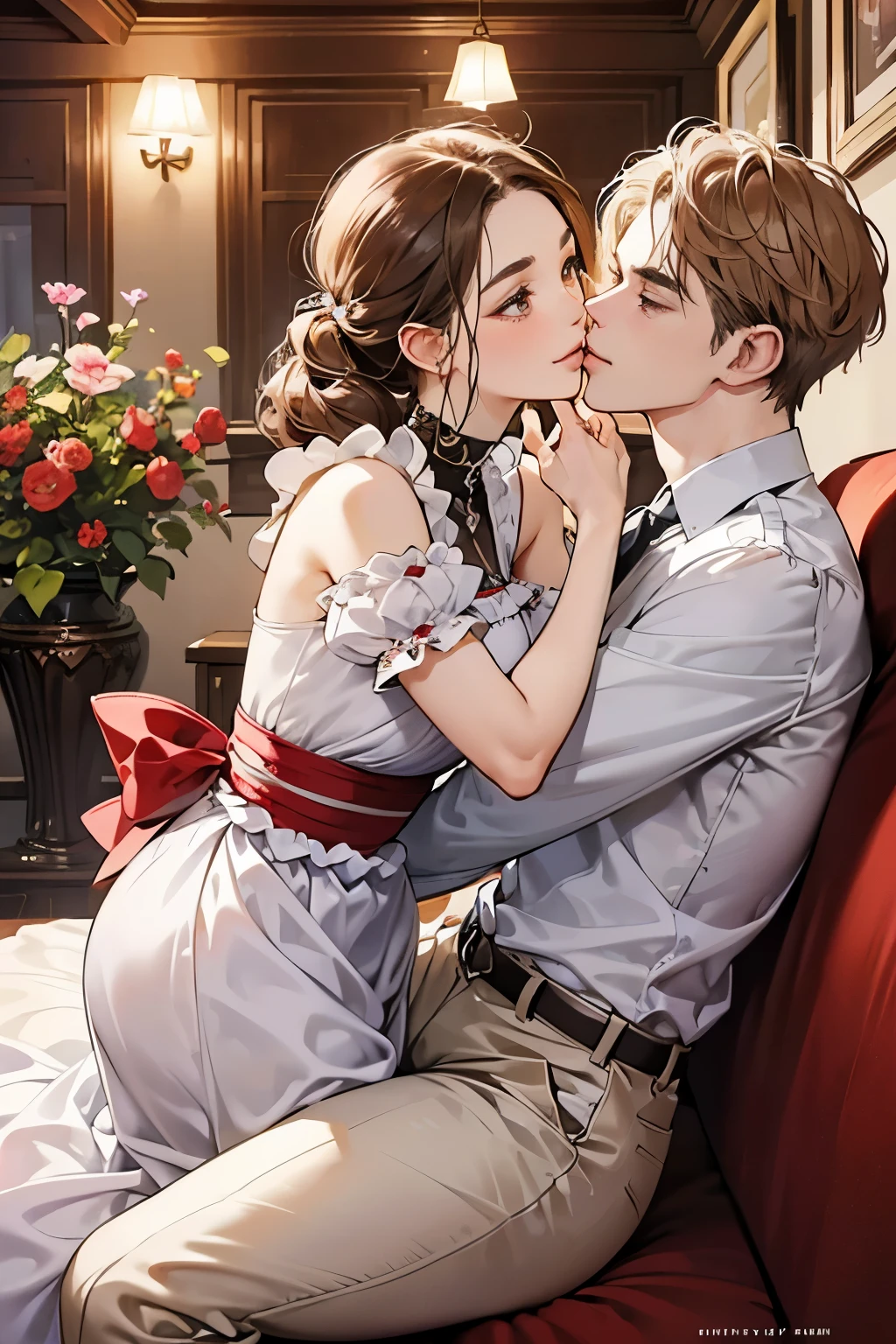 (table top, digital illustration, 4k, 8k, Super detailed, beautiful images, clear image,  perfect face, perfect lines, perfect eyes, soft lighting) 1 female, (light brown hair,chignon hair,innocent look,droopy eyebrows,droopy eyes、With a round face,round chin、innocence,cute,Big eyes,natural makeup,smile gently,E cup,23 years old:1.3),Two handsome men in suits, (human,man in suit,muscular,solid shoulder width,  boyish hairstyle,A man in his 30s with a cool expression,28 year old man with a bright smile:1.2),garden full of light、lots of flowers、Squirting、colorful flower light,(embarrassing,shy smile:1.2),resort sofa,kiss、カップルkiss、romance porn、couple of man and woman hugging each other、Waitress、Byte in Byte、Maid clothes、Hitting the hips