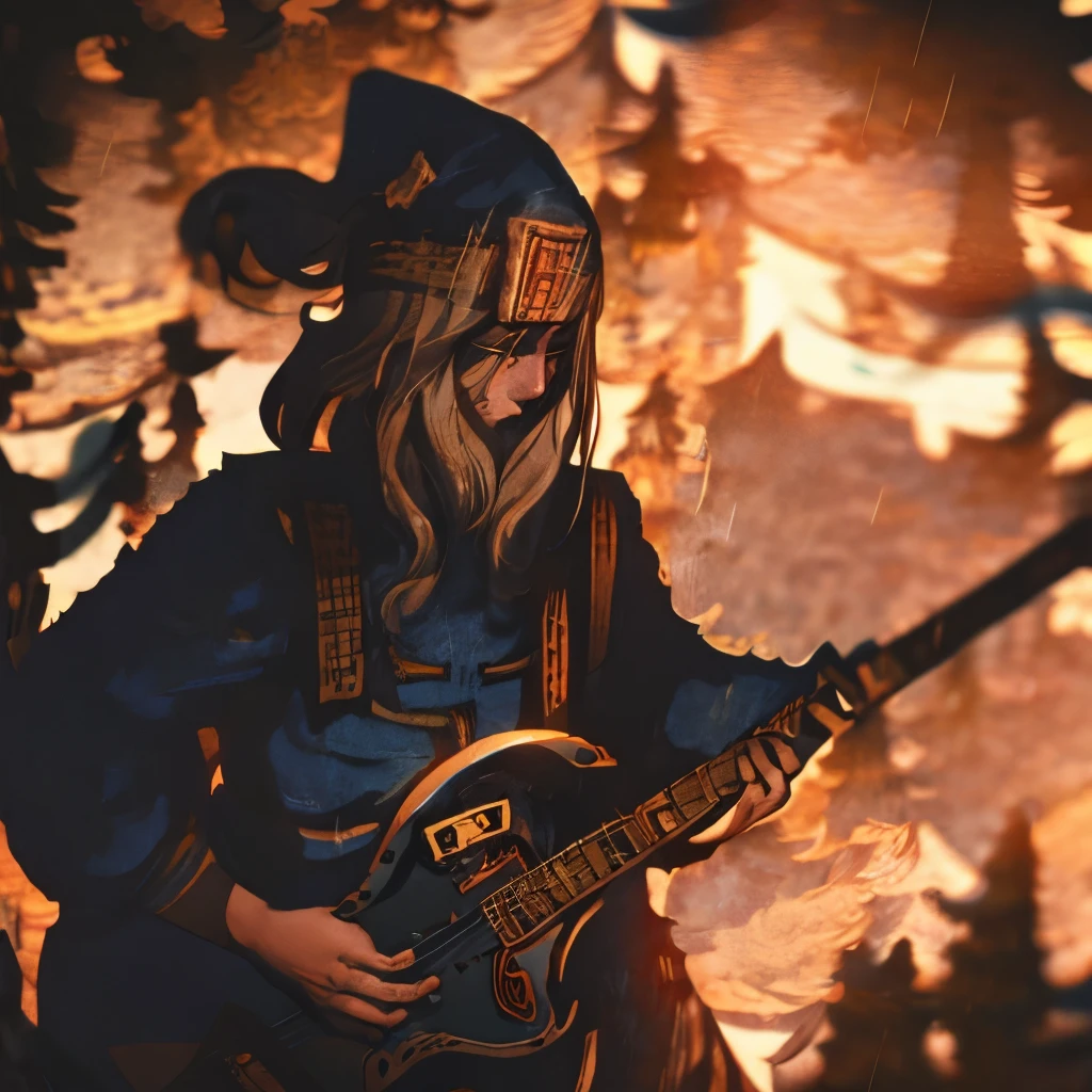 bard musician(homen), facing forward and with his eyes covered by his hat.
