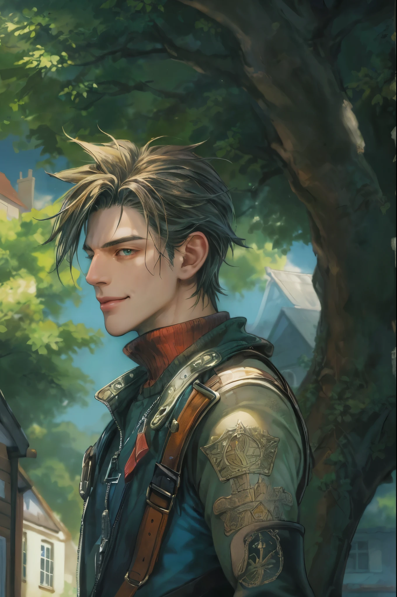 ((absurdres, highres, ultra detailed, perfect face), 1 male , front view, boy, handsome boy villain character from Final Fantasy VII, short hair, anime eyes, casual clothes with colorful details, eyes on the viewer, add red details to picture and smirk, dimples, extremely detailed CG unity 8k wallpaper, add blue details on side, intricate details and add yellow details on left, house under a giant tree background, detailed houses town scenery from a far view,