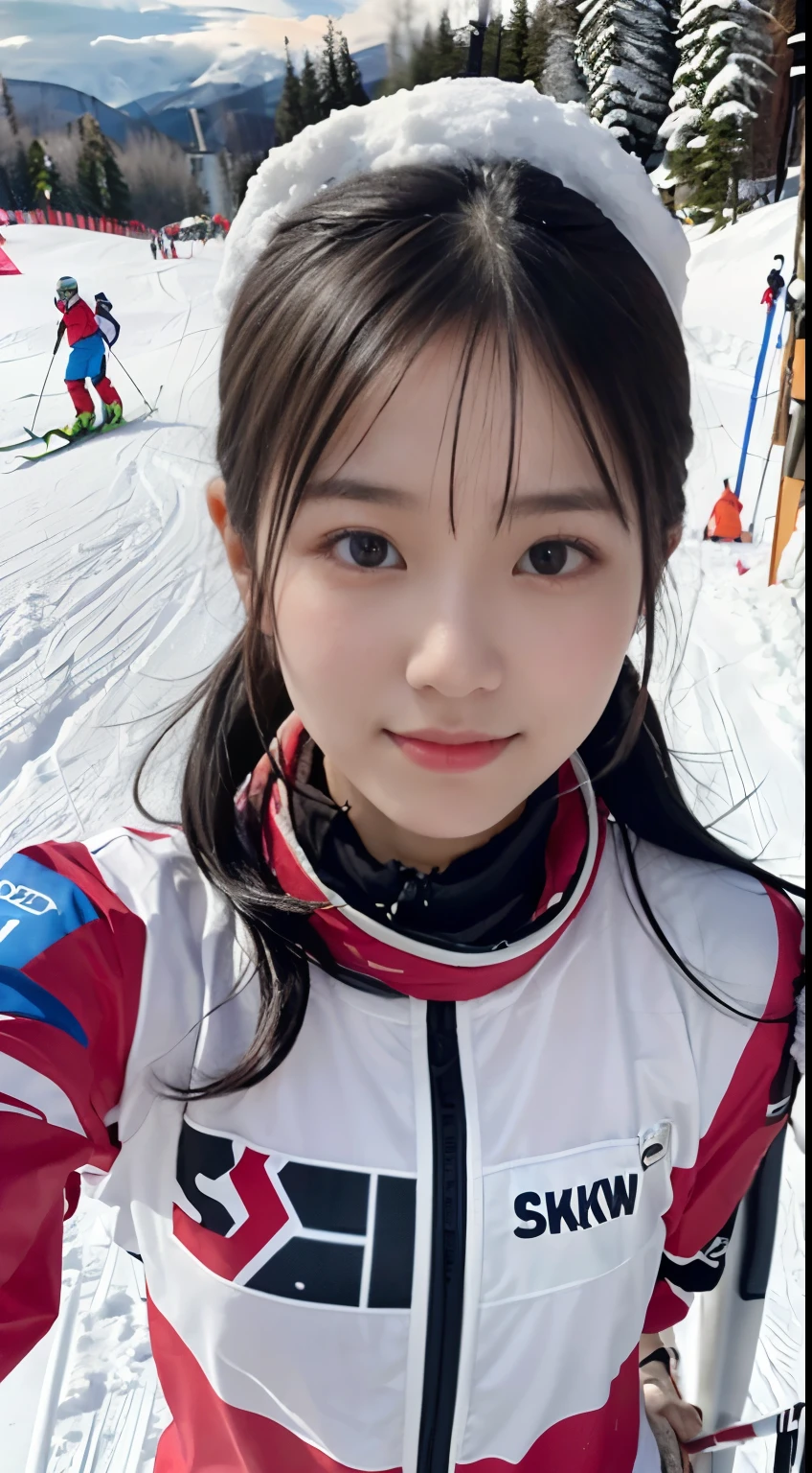 (Close up portrait of one girl with slender small breast and long hair dressed in colorful ski clothes。:1.5)、(A girl skiing with her face raised :1.5)、(snow ski garden:1.5)、(Beautiful sunset red sky 1.5)、(perfect anatomy:1.3)、(no mask:1.3)、(full finger:1.3)、Photoreal、Raw photo、table top、highest quality、High resolution、delicate and beautiful、perfect face、detailed and beautiful eyes、Fair skin、real human skin、pores、((thin legs))、(black hair)